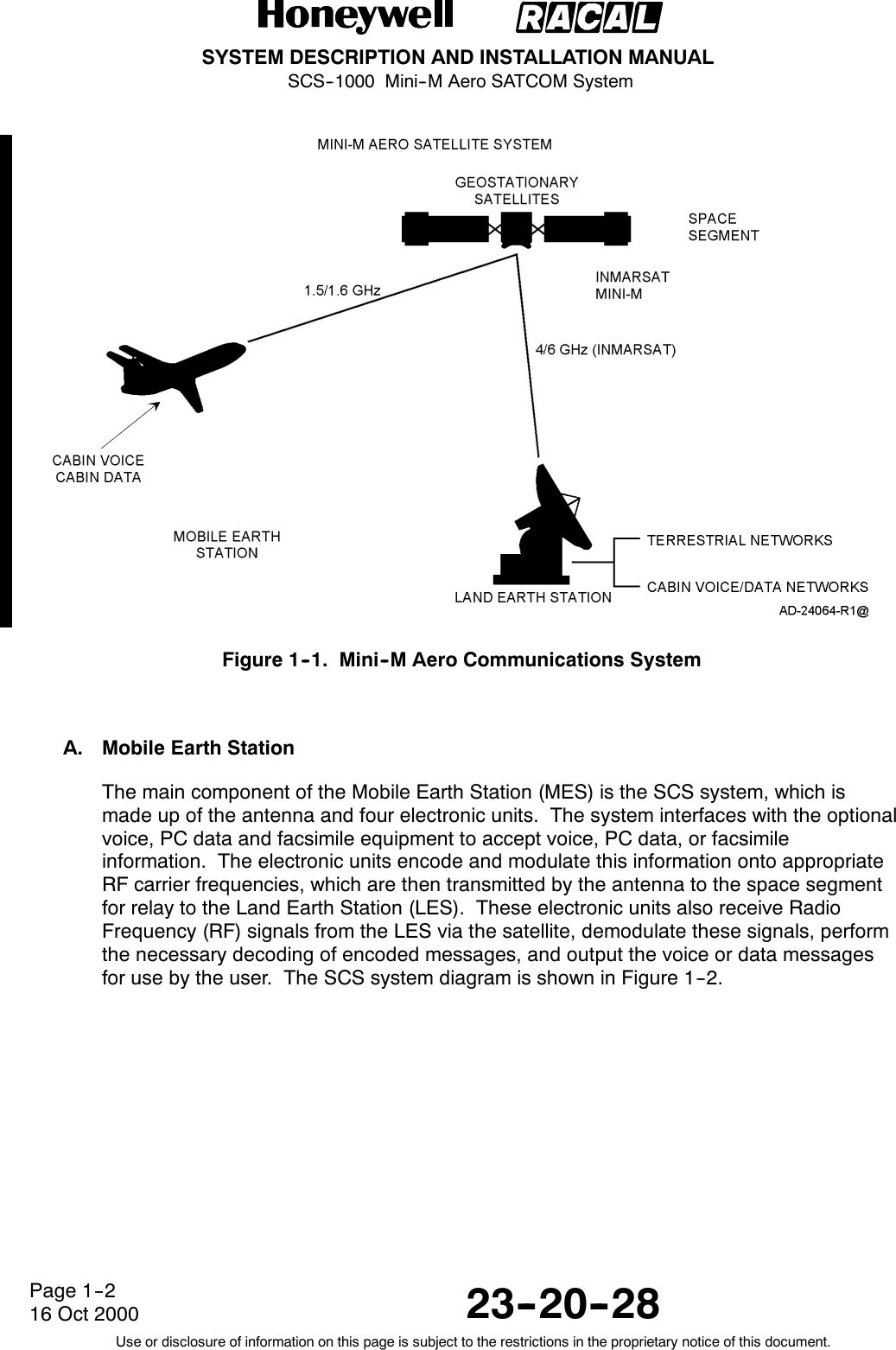 SYSTEM DESCRIPTION AND INSTALLATION MANUALSCS--1000 Mini--M Aero SATCOM System23--20--28Use or disclosure of information on this page is subject to the restrictions in the proprietary notice of this document.Page 1--216 Oct 2000Figure 1--1. Mini--M Aero Communications SystemA. Mobile Earth StationThe main component of the Mobile Earth Station (MES) is the SCS system, which ismade up of the antenna and four electronic units. The system interfaces with the optionalvoice, PC data and facsimile equipment to accept voice, PC data, or facsimileinformation. The electronic units encode and modulate this information onto appropriateRF carrier frequencies, which are then transmitted by the antenna to the space segmentfor relay to the Land Earth Station (LES). These electronic units also receive RadioFrequency (RF) signals from the LES via the satellite, demodulate these signals, performthe necessary decoding of encoded messages, and output the voice or data messagesfor use by the user. The SCS system diagram is shown in Figure 1--2.