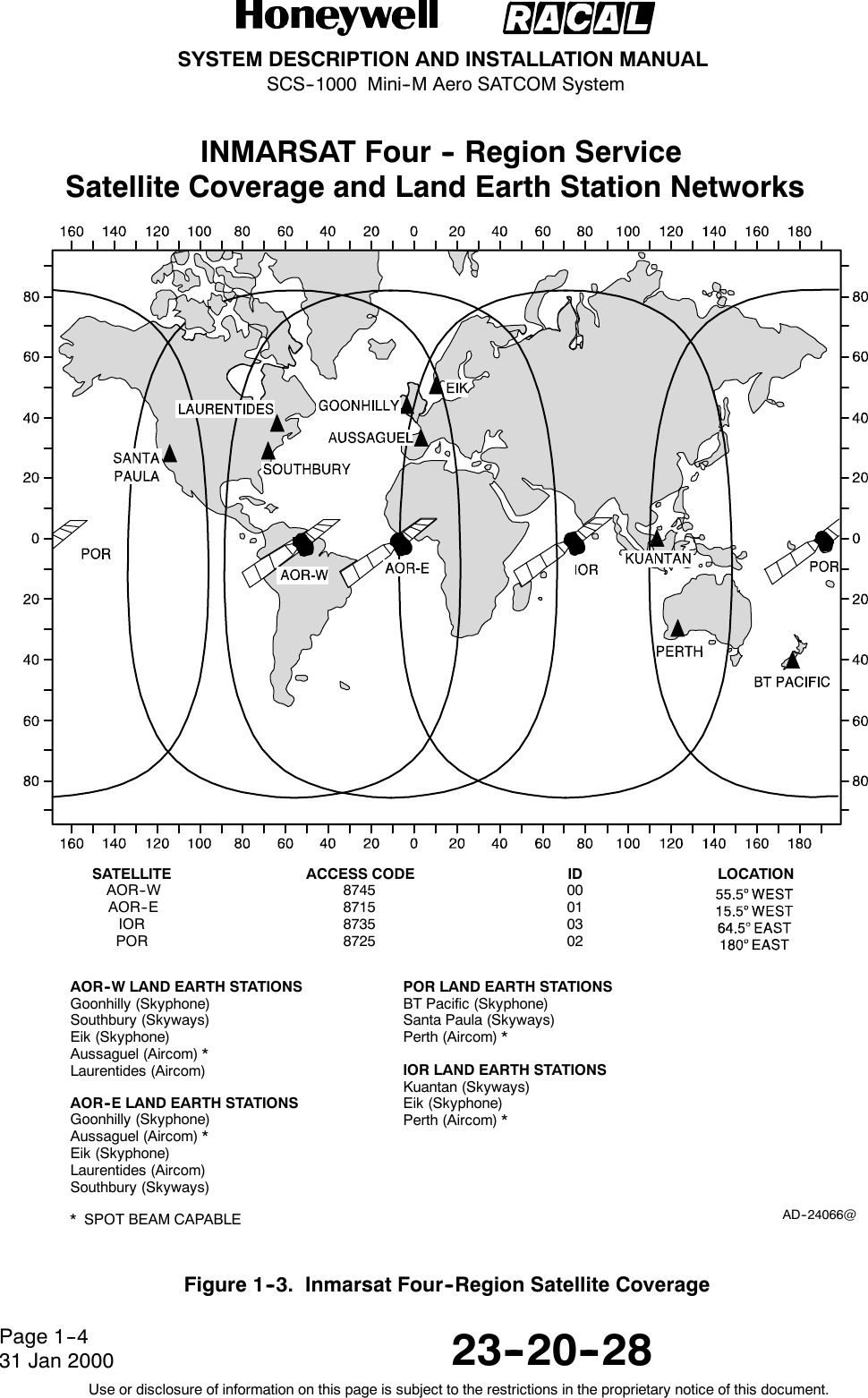 SYSTEM DESCRIPTION AND INSTALLATION MANUALSCS--1000 Mini--M Aero SATCOM System23--20--28Use or disclosure of information on this page is subject to the restrictions in the proprietary notice of this document.Page 1--431 Jan 2000INMARSAT Four -- Region ServiceSatellite Coverage and Land Earth Station NetworksAD--24066@AOR--W LAND EARTH STATIONSGoonhilly (Skyphone)Southbury (Skyways)Eik (Skyphone)Aussaguel (Aircom) *Laurentides (Aircom)AOR--E LAND EARTH STATIONSGoonhilly (Skyphone)Aussaguel (Aircom) *Eik (Skyphone)Laurentides (Aircom)Southbury (Skyways)POR LAND EARTH STATIONSBT Pacific (Skyphone)Santa Paula (Skyways)Perth (Aircom) *IOR LAND EARTH STATIONSKuantan (Skyways)Eik (Skyphone)Perth (Aircom) *SATELLITEAOR--WAOR--EIORPORACCESS CODE8745871587358725ID00010302LOCATION* SPOT BEAM CAPABLEFigure 1--3. Inmarsat Four--Region Satellite Coverage