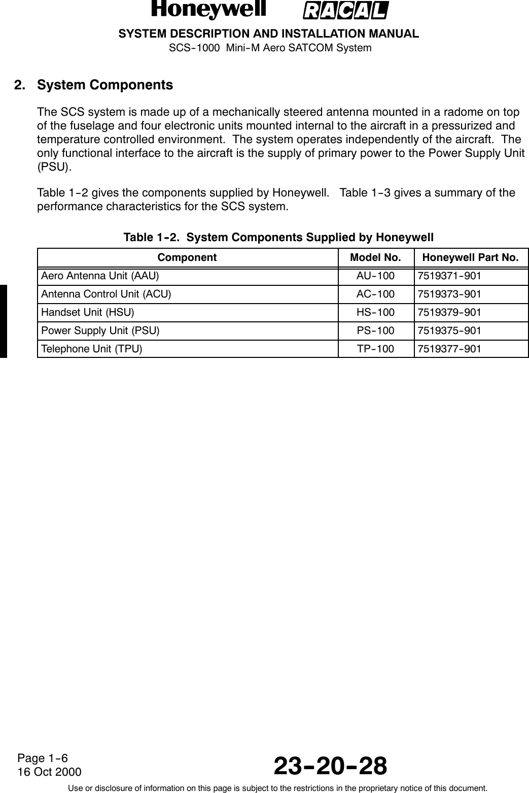 SYSTEM DESCRIPTION AND INSTALLATION MANUALSCS--1000 Mini--M Aero SATCOM System23--20--28Use or disclosure of information on this page is subject to the restrictions in the proprietary notice of this document.Page 1--616 Oct 20002. System ComponentsThe SCS system is made up of a mechanically steered antenna mounted in a radome on topof the fuselage and four electronic units mounted internal to the aircraft in a pressurized andtemperature controlled environment. The system operates independently of the aircraft. Theonly functional interface to the aircraft is the supply of primary power to the Power Supply Unit(PSU).Table 1--2 gives the components supplied by Honeywell. Table 1--3 gives a summary of theperformance characteristics for the SCS system.Table 1--2. System Components Supplied by HoneywellComponent Model No. Honeywell Part No.Aero Antenna Unit (AAU) AU--100 7519371--901Antenna Control Unit (ACU) AC--100 7519373--901Handset Unit (HSU) HS--100 7519379--901Power Supply Unit (PSU) PS--100 7519375--901Telephone Unit (TPU) TP--100 7519377--901