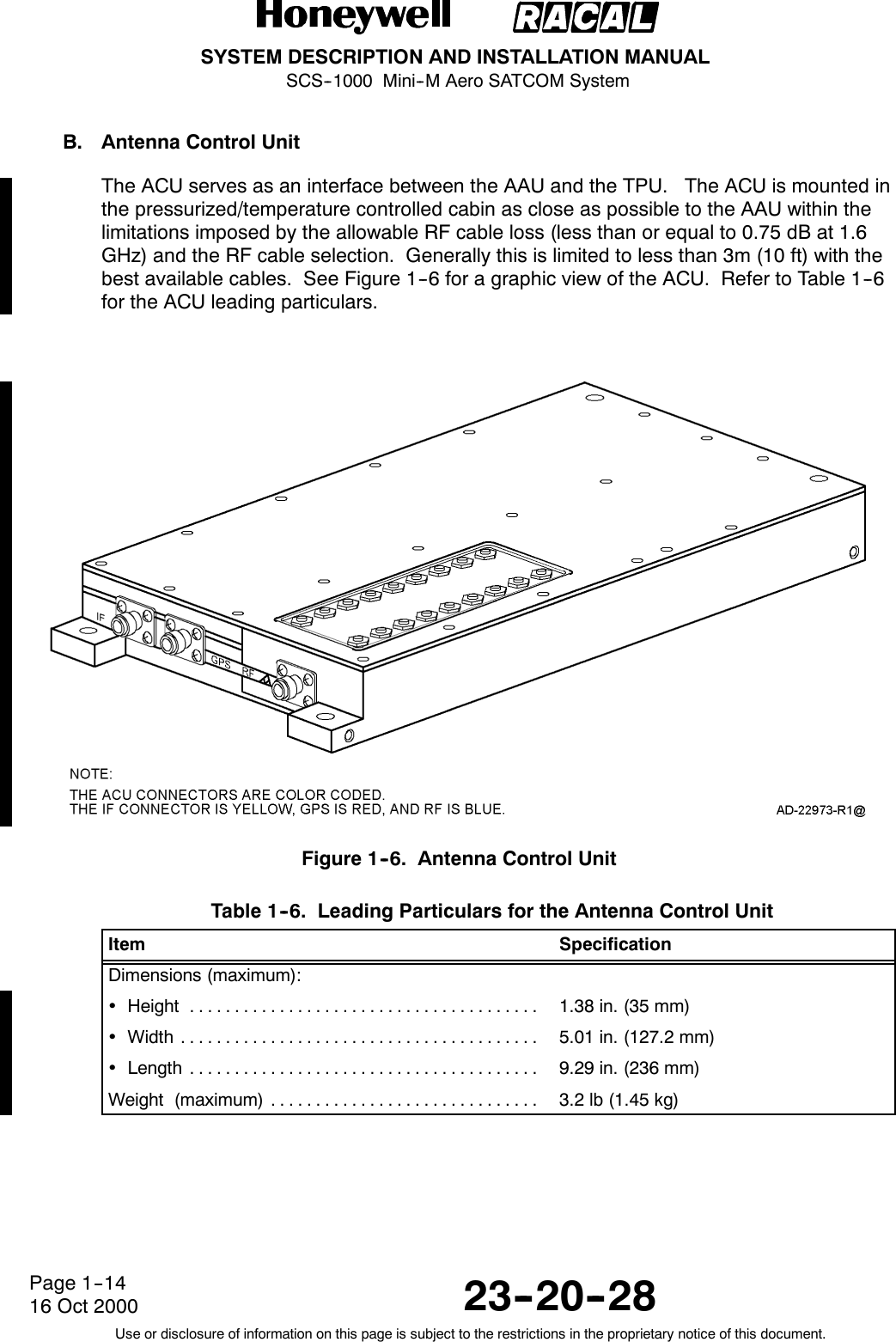 SYSTEM DESCRIPTION AND INSTALLATION MANUALSCS--1000 Mini--M Aero SATCOM System23--20--28Use or disclosure of information on this page is subject to the restrictions in the proprietary notice of this document.Page 1--1416 Oct 2000B. Antenna Control UnitThe ACU serves as an interface between the AAU and the TPU. The ACU is mounted inthe pressurized/temperature controlled cabin as close as possible to the AAU within thelimitations imposed by the allowable RF cable loss (less than or equal to 0.75 dB at 1.6GHz) and the RF cable selection. Generally this is limited to less than 3m (10 ft) with thebest available cables. See Figure 1--6 for a graphic view of the ACU. Refer to Table 1--6for the ACU leading particulars.Figure 1--6. Antenna Control UnitTable 1--6. Leading Particulars for the Antenna Control UnitItem SpecificationDimensions (maximum):Height ....................................... 1.38 in. (35 mm)Width ........................................ 5.01 in. (127.2 mm)Length ....................................... 9.29 in. (236 mm)Weight (maximum) .............................. 3.2 lb (1.45 kg)