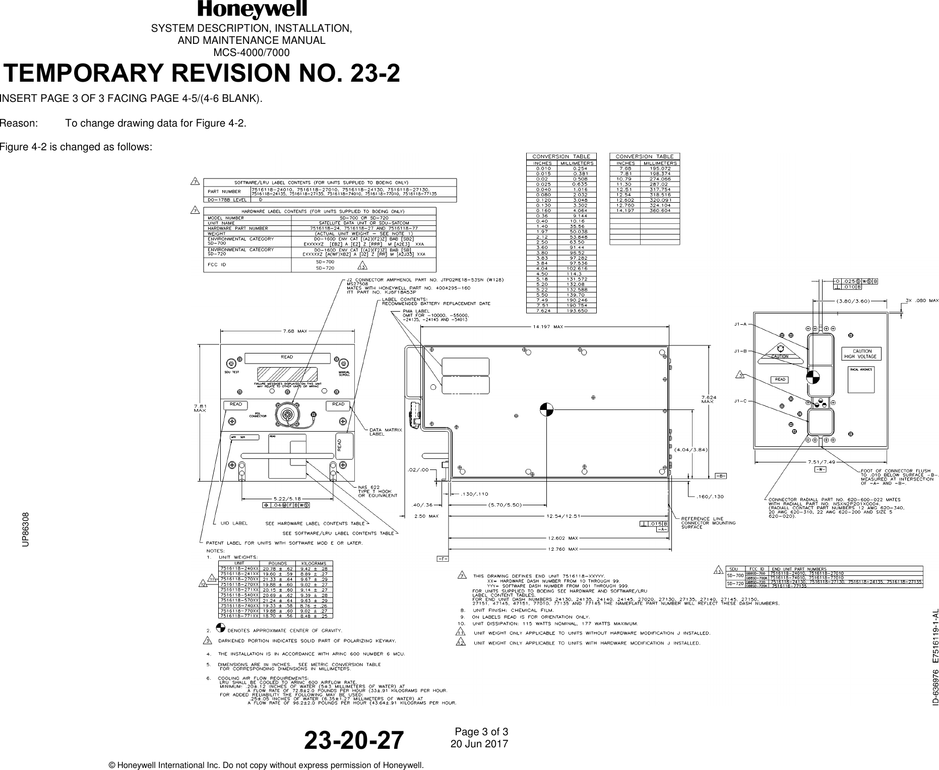   SYSTEM DESCRIPTION, INSTALLATION, AND MAINTENANCE MANUAL MCS-4000/7000  TEMPORARY REVISION NO. 23-2     23-20-27 Page 3 of 3 20 Jun 2017                                                  © Honeywell International Inc. Do not copy without express permission of Honeywell. INSERT PAGE 3 OF 3 FACING PAGE 4-5/(4-6 BLANK). Reason:  To change drawing data for Figure 4-2.  Figure 4-2 is changed as follows:  RELEASED FOR THE EXCLUSIVE USE BY: HONEYWELL INTERNATIONALUP86308