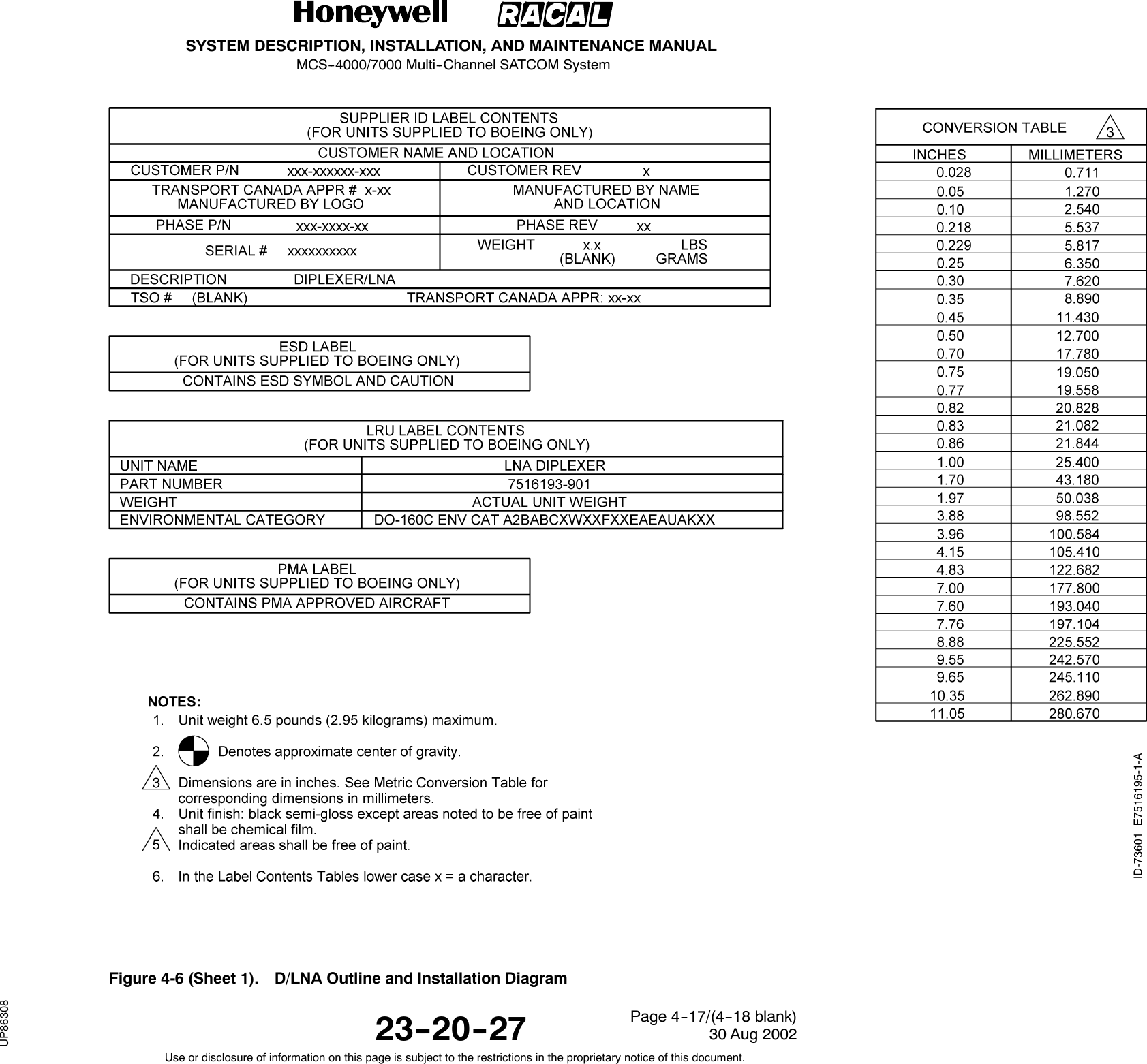 SYSTEM DESCRIPTION, INSTALLATION, AND MAINTENANCE MANUALMCS--4000/7000 Multi--Channel SATCOM System23--20--2730 Aug 2002Use or disclosure of information on this page is subject to the restrictions in the proprietary notice of this document.Page 4--17/(4--18 blank)Figure 4-6 (Sheet 1). D/LNA Outline and Installation DiagramRELEASED FOR THE EXCLUSIVE USE BY: HONEYWELL INTERNATIONALUP86308
