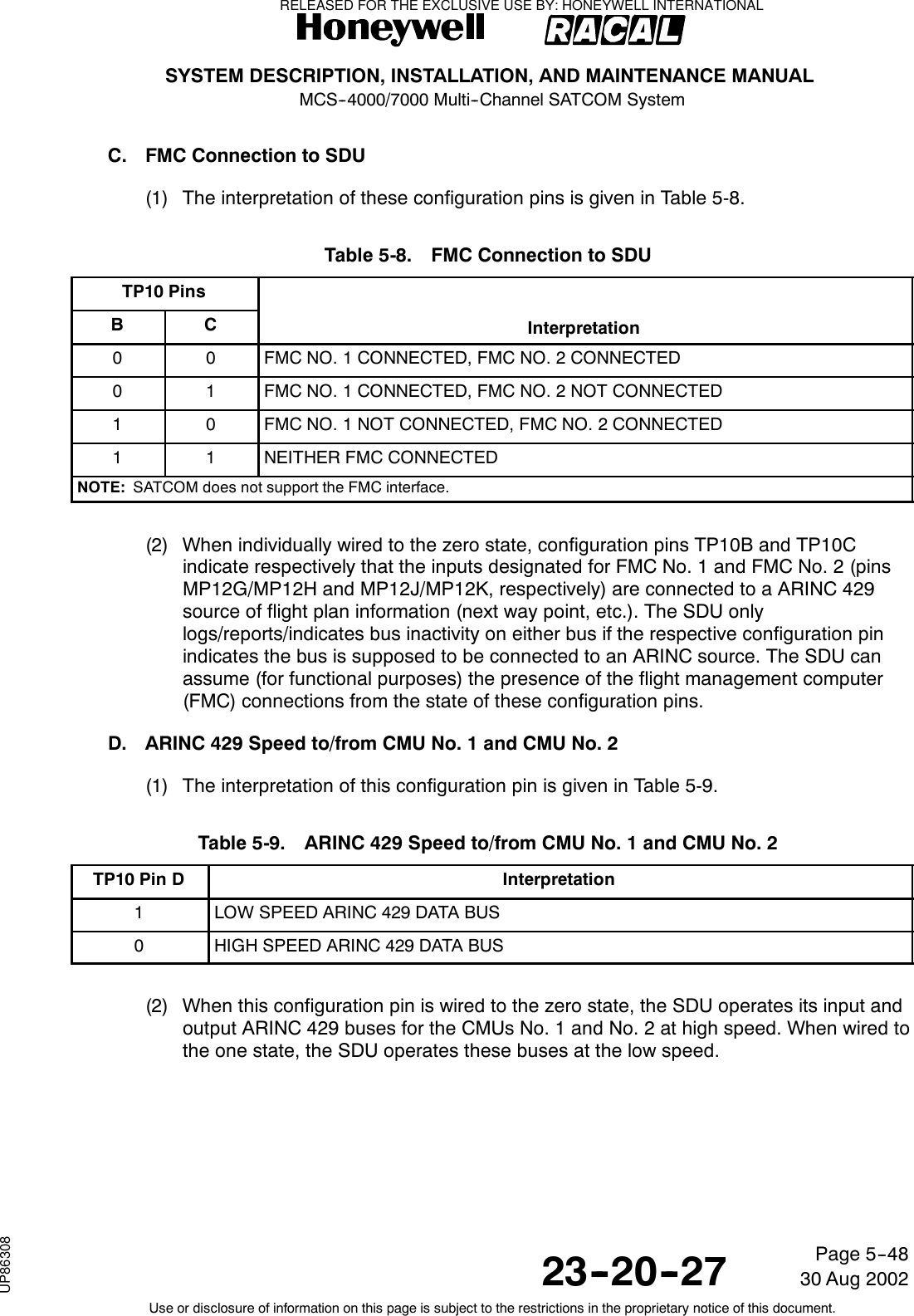 SYSTEM DESCRIPTION, INSTALLATION, AND MAINTENANCE MANUALMCS--4000/7000 Multi--Channel SATCOM System23--20--2730 Aug 2002Use or disclosure of information on this page is subject to the restrictions in the proprietary notice of this document.Page 5--48C. FMC Connection to SDU(1) The interpretation of these configuration pins is given in Table 5-8.Table 5-8. FMC Connection to SDUTP10 PinsB C Interpretation0 0 FMC NO. 1 CONNECTED, FMC NO. 2 CONNECTED0 1 FMC NO. 1 CONNECTED, FMC NO. 2 NOT CONNECTED1 0 FMC NO. 1 NOT CONNECTED, FMC NO. 2 CONNECTED1 1 NEITHER FMC CONNECTEDNOTE: SATCOM does not support the FMC interface.(2) When individually wired to the zero state, configuration pins TP10B and TP10Cindicate respectively that the inputs designated for FMC No. 1 and FMC No. 2 (pinsMP12G/MP12H and MP12J/MP12K, respectively) are connected to a ARINC 429source of flight plan information (next way point, etc.). The SDU onlylogs/reports/indicates bus inactivity on either bus if the respective configuration pinindicates the bus is supposed to be connected to an ARINC source. The SDU canassume (for functional purposes) the presence of the flight management computer(FMC) connections from the state of these configuration pins.D. ARINC 429 Speed to/from CMU No. 1 and CMU No. 2(1) The interpretation of this configuration pin is given in Table 5-9.Table 5-9. ARINC 429 Speed to/from CMU No. 1 and CMU No. 2TP10 Pin D Interpretation1LOW SPEED ARINC 429 DATA BUS0HIGH SPEED ARINC 429 DATA BUS(2) When this configuration pin is wired to the zero state, the SDU operates its input andoutput ARINC 429 buses for the CMUs No. 1 and No. 2 at high speed. When wired tothe one state, the SDU operates these buses at the low speed.RELEASED FOR THE EXCLUSIVE USE BY: HONEYWELL INTERNATIONALUP86308
