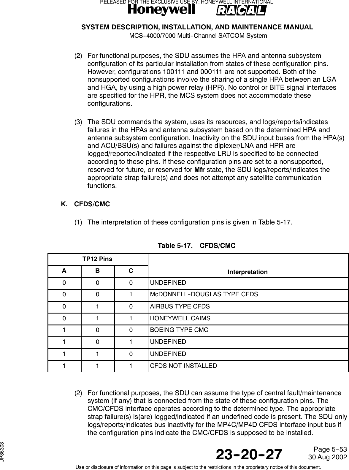 SYSTEM DESCRIPTION, INSTALLATION, AND MAINTENANCE MANUALMCS--4000/7000 Multi--Channel SATCOM System23--20--2730 Aug 2002Use or disclosure of information on this page is subject to the restrictions in the proprietary notice of this document.Page 5--53(2) For functional purposes, the SDU assumes the HPA and antenna subsystemconfiguration of its particular installation from states of these configuration pins.However, configurations 100111 and 000111 are not supported. Both of thenonsupported configurations involve the sharing of a single HPA between an LGAand HGA, by using a high power relay (HPR). No control or BITE signal interfacesare specified for the HPR, the MCS system does not accommodate theseconfigurations.(3) The SDU commands the system, uses its resources, and logs/reports/indicatesfailures in the HPAs and antenna subsystem based on the determined HPA andantenna subsystem configuration. Inactivity on the SDU input buses from the HPA(s)and ACU/BSU(s) and failures against the diplexer/LNA and HPR arelogged/reported/indicated if the respective LRU is specified to be connectedaccording to these pins. If these configuration pins are set to a nonsupported,reserved for future, or reserved for Mfr state, the SDU logs/reports/indicates theappropriate strap failure(s) and does not attempt any satellite communicationfunctions.K. CFDS/CMC(1) The interpretation of these configuration pins is given in Table 5-17.Table 5-17. CFDS/CMCTP12 PinsABC Interpretation000UNDEFINED001McDONNELL--DOUGLAS TYPE CFDS010AIRBUS TYPE CFDS011HONEYWELL CAIMS100BOEING TYPE CMC101UNDEFINED110UNDEFINED111CFDS NOT INSTALLED(2) For functional purposes, the SDU can assume the type of central fault/maintenancesystem (if any) that is connected from the state of these configuration pins. TheCMC/CFDS interface operates according to the determined type. The appropriatestrap failure(s) is(are) logged/indicated if an undefined code is present. The SDU onlylogs/reports/indicates bus inactivity for the MP4C/MP4D CFDS interface input bus ifthe configuration pins indicate the CMC/CFDS is supposed to be installed.RELEASED FOR THE EXCLUSIVE USE BY: HONEYWELL INTERNATIONALUP86308