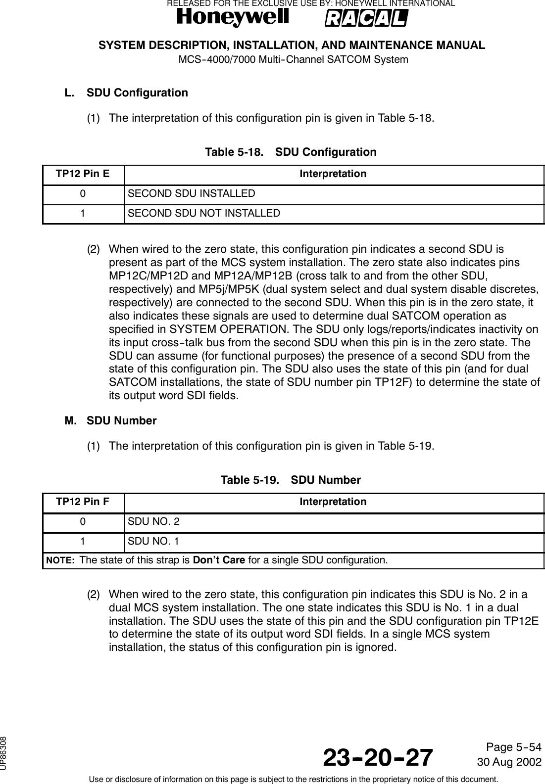 SYSTEM DESCRIPTION, INSTALLATION, AND MAINTENANCE MANUALMCS--4000/7000 Multi--Channel SATCOM System23--20--2730 Aug 2002Use or disclosure of information on this page is subject to the restrictions in the proprietary notice of this document.Page 5--54L. SDU Configuration(1) The interpretation of this configuration pin is given in Table 5-18.Table 5-18. SDU ConfigurationTP12 Pin E Interpretation0SECOND SDU INSTALLED1SECOND SDU NOT INSTALLED(2) When wired to the zero state, this configuration pin indicates a second SDU ispresent as part of the MCS system installation. The zero state also indicates pinsMP12C/MP12D and MP12A/MP12B (cross talk to and from the other SDU,respectively) and MP5j/MP5K (dual system select and dual system disable discretes,respectively) are connected to the second SDU. When this pin is in the zero state, italso indicates these signals are used to determine dual SATCOM operation asspecified in SYSTEM OPERATION. The SDU only logs/reports/indicates inactivity onits input cross--talk bus from the second SDU when this pin is in the zero state. TheSDU can assume (for functional purposes) the presence of a second SDU from thestate of this configuration pin. The SDU also uses the state of this pin (and for dualSATCOM installations, the state of SDU number pin TP12F) to determine the state ofits output word SDI fields.M. SDU Number(1) The interpretation of this configuration pin is given in Table 5-19.Table 5-19. SDU NumberTP12 Pin F Interpretation0SDU NO. 21SDU NO. 1NOTE: The state of this strap is Don’t Care for a single SDU configuration.(2) When wired to the zero state, this configuration pin indicates this SDU is No. 2 in adual MCS system installation. The one state indicates this SDU is No. 1 in a dualinstallation. The SDU uses the state of this pin and the SDU configuration pin TP12Eto determine the state of its output word SDI fields. In a single MCS systeminstallation, the status of this configuration pin is ignored.RELEASED FOR THE EXCLUSIVE USE BY: HONEYWELL INTERNATIONALUP86308