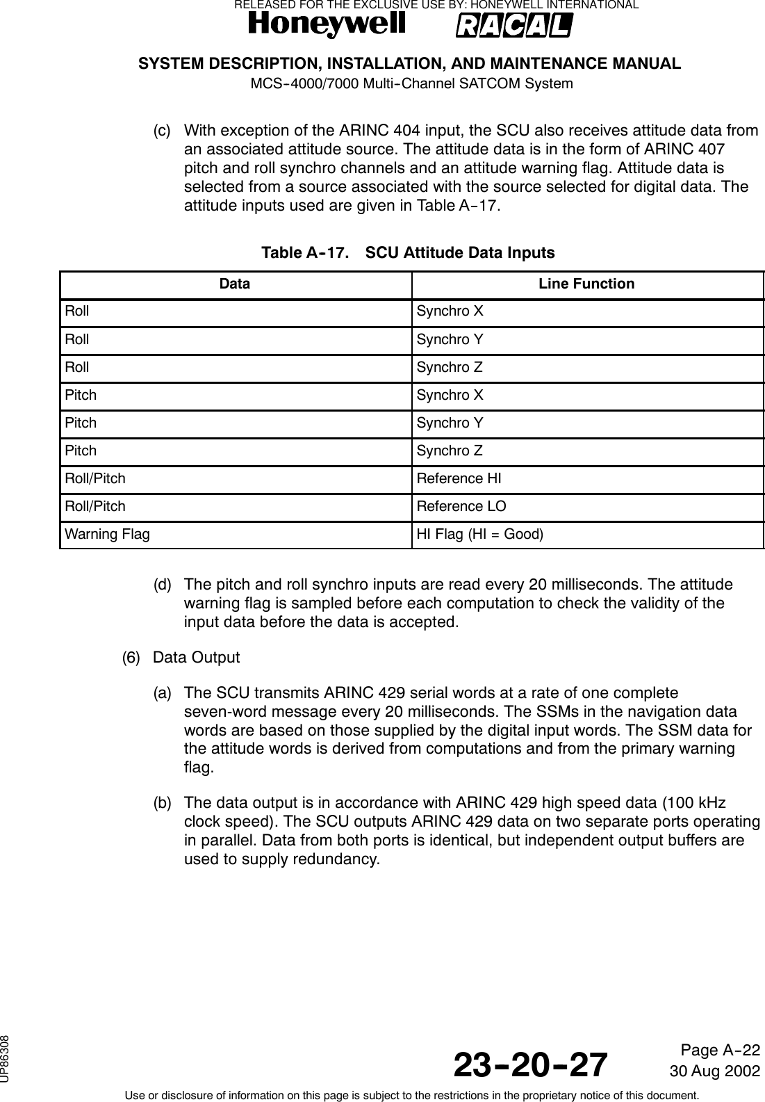 SYSTEM DESCRIPTION, INSTALLATION, AND MAINTENANCE MANUALMCS--4000/7000 Multi--Channel SATCOM System23--20--2730 Aug 2002Use or disclosure of information on this page is subject to the restrictions in the proprietary notice of this document.Page A--22(c) With exception of the ARINC 404 input, the SCU also receives attitude data froman associated attitude source. The attitude data is in the form of ARINC 407pitch and roll synchro channels and an attitude warning flag. Attitude data isselected from a source associated with the source selected for digital data. Theattitude inputs used are given in Table A--17.Table A--17. SCU Attitude Data InputsData Line FunctionRoll Synchro XRoll Synchro YRoll Synchro ZPitch Synchro XPitch Synchro YPitch Synchro ZRoll/Pitch Reference HIRoll/Pitch Reference LOWarning Flag HI Flag (HI = Good)(d) The pitch and roll synchro inputs are read every 20 milliseconds. The attitudewarning flag is sampled before each computation to check the validity of theinput data before the data is accepted.(6) Data Output(a) The SCU transmits ARINC 429 serial words at a rate of one completeseven-word message every 20 milliseconds. The SSMs in the navigation datawords are based on those supplied by the digital input words. The SSM data forthe attitude words is derived from computations and from the primary warningflag.(b) The data output is in accordance with ARINC 429 high speed data (100 kHzclock speed). The SCU outputs ARINC 429 data on two separate ports operatingin parallel. Data from both ports is identical, but independent output buffers areused to supply redundancy.RELEASED FOR THE EXCLUSIVE USE BY: HONEYWELL INTERNATIONALUP86308