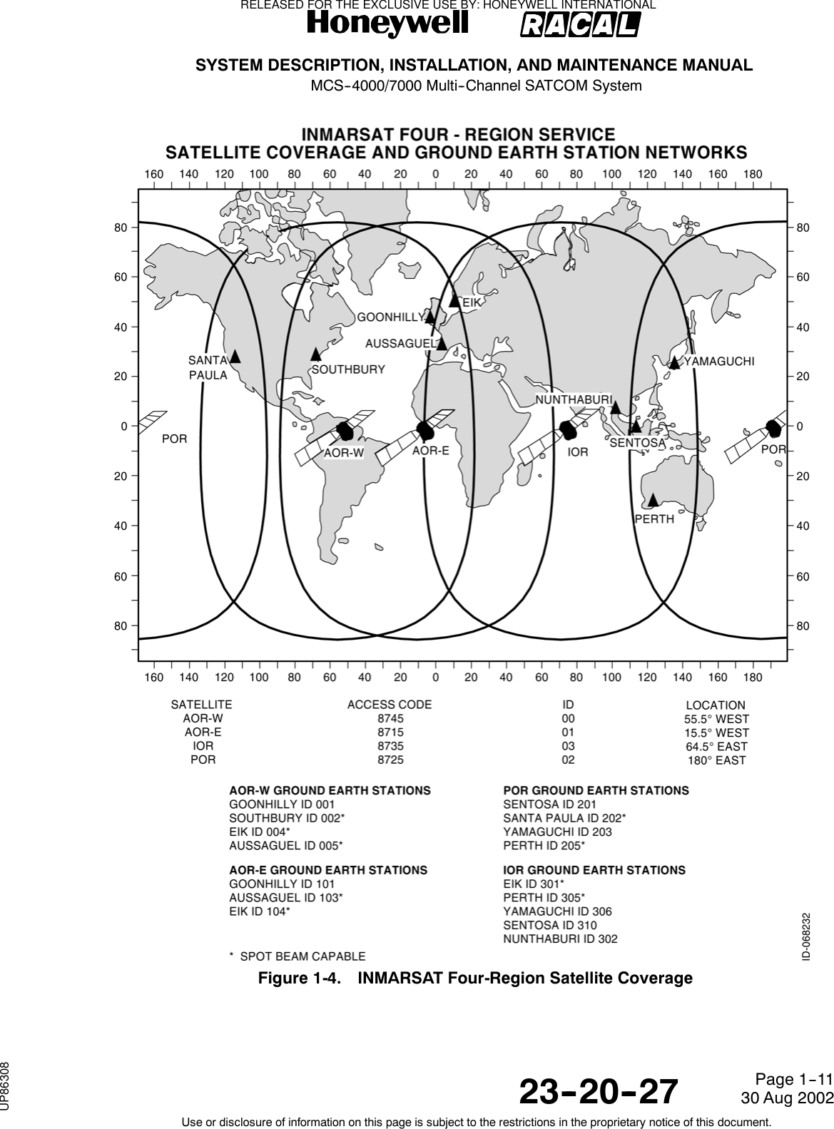 SYSTEM DESCRIPTION, INSTALLATION, AND MAINTENANCE MANUALMCS--4000/7000 Multi--Channel SATCOM System23--20--2730 Aug 2002Use or disclosure of information on this page is subject to the restrictions in the proprietary notice of this document.Page 1--11Figure 1-4. INMARSAT Four-Region Satellite CoverageRELEASED FOR THE EXCLUSIVE USE BY: HONEYWELL INTERNATIONALUP86308