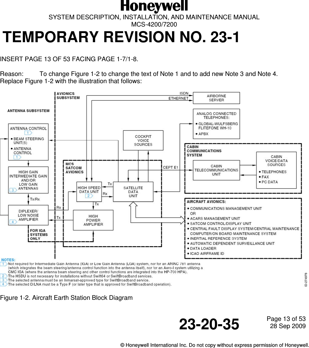  SYSTEM DESCRIPTION, INSTALLATION, AND MAINTENANCE MANUAL  MCS-4200/7200 TEMPORARY REVISION NO. 23-1  23-20-35 Page 13 of 5328 Sep 2009  © Honeywell International Inc. Do not copy without express permission of Honeywell.  INSERT PAGE 13 OF 53 FACING PAGE 1-7/1-8. Reason:  To change Figure 1-2 to change the text of Note 1 and to add new Note 3 and Note 4.  Replace Figure 1-2 with the illustration that follows:    Figure 1-2. Aircraft Earth Station Block Diagram 