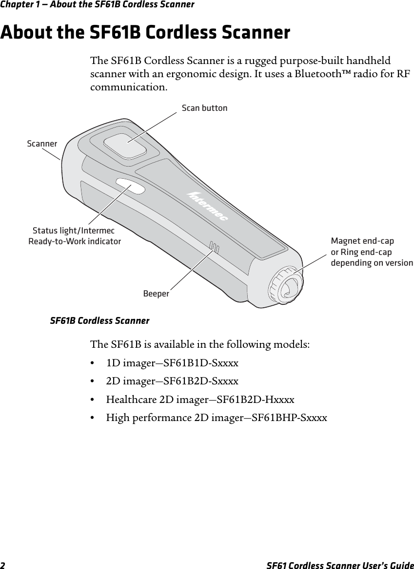 Chapter 1 — About the SF61B Cordless Scanner2 SF61 Cordless Scanner User’s GuideAbout the SF61B Cordless ScannerThe SF61B Cordless Scanner is a rugged purpose-built handheld scanner with an ergonomic design. It uses a Bluetooth™ radio for RF communication.SF61B Cordless ScannerThe SF61B is available in the following models:•1D imager—SF61B1D-Sxxxx•2D imager—SF61B2D-Sxxxx•Healthcare 2D imager—SF61B2D-Hxxxx•High performance 2D imager—SF61BHP-SxxxxScan buttonMagnet end-cap or Ring end-capdepending on versionStatus light/Intermec Ready-to-Work indicatorBeeperScanner