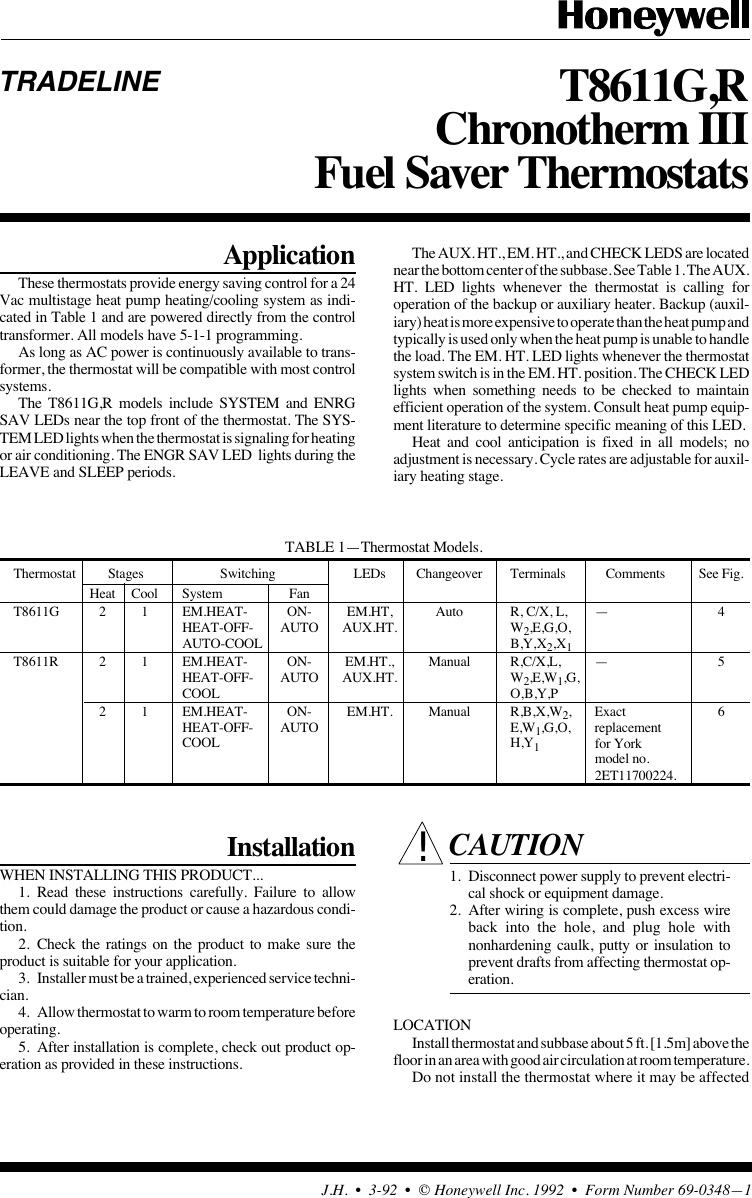 Honeywell T8611G 69 0348 T8611G,R Chronotherm III Fuel Saver Thermostats User Manual To The