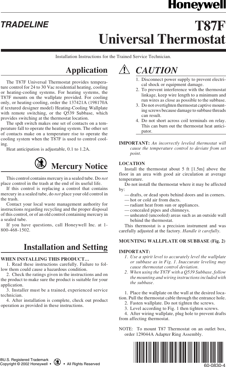Page 1 of 4 - Honeywell T87F 60-0830 - Universal Thermostat User Manual To The F98c4577-bf82-4f6d-a649-f5334c13ca94