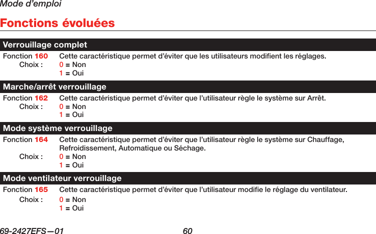 Mode d’emploi69-2427EFS—01  60 Fonctions évoluéesVerrouillage completFonction 160 Cette caractéristique permet d’éviter que les utilisateurs modifient les réglages.Choix : 0 = Non 1 = OuiMarche/arrêt verrouillageFonction 162 Cette caractéristique permet d’éviter que l’utilisateur règle le système sur Arrêt.Choix : 0 = Non 1 = OuiMode système verrouillageFonction 164 Cette caractéristique permet d’éviter que l’utilisateur règle le système sur Chauffage, Refroidissement, Automatique ou Séchage.Choix : 0 = Non 1 = OuiMode ventilateur verrouillageFonction 165 Cette caractéristique permet d’éviter que l’utilisateur modifie le réglage du ventilateur.Choix : 0 = Non 1 = Oui