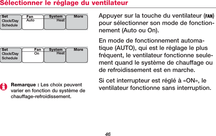 46Sélectionner le réglage du ventilateurAppuyer sur la touche du ventilateur (FAN)pour sélectionner son mode de fonction-nement (Auto ou On).En mode de fonctionnement automa-tique (AUTO), qui est le réglage le plusfréquent, le ventilateur fonctionne seule-ment quand le système de chauffage oude refroidissement est en marche.Si cet interrupteur est réglé à «ON», leventilateur fonctionne sans interruption.SetClock/DayScheduleSystemHeat MoreFanAutoSetClock/DayScheduleSystemHeat MoreFanOnRemarque : Les choix peuventvarier en fonction du système dechauffage-refroidissement.