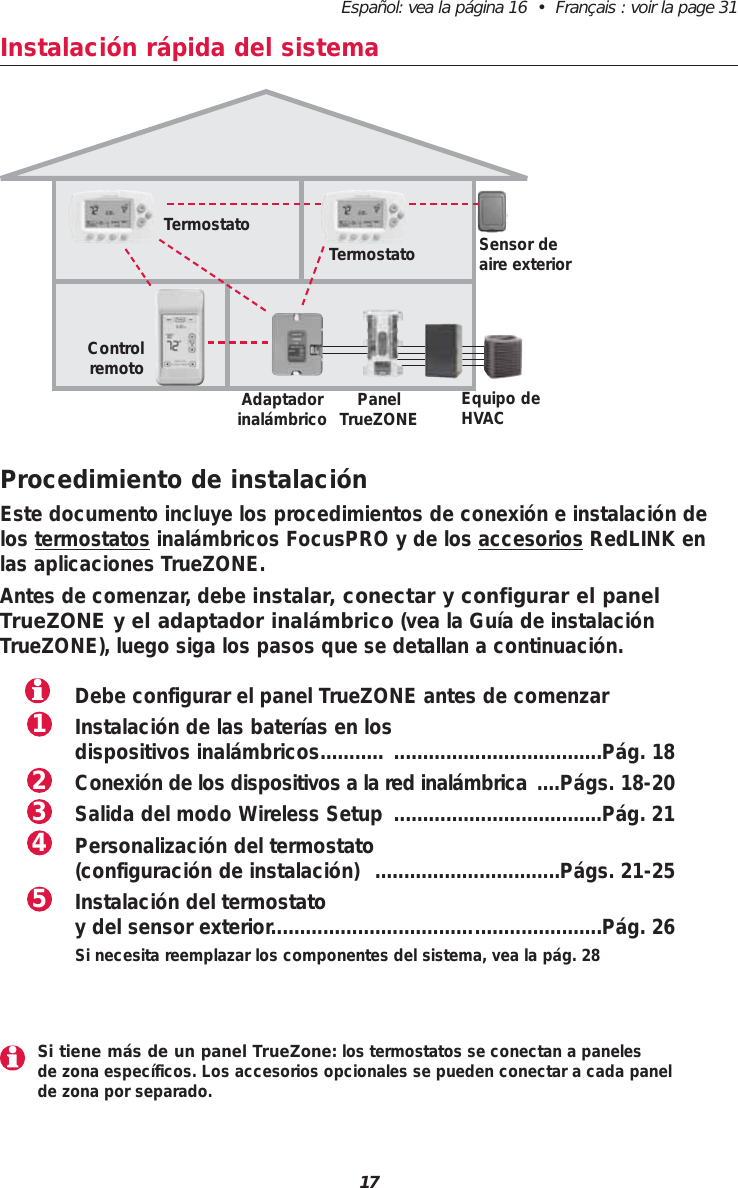 17Espa&ntilde;ol: vea la p&aacute;gina 16  &bull;  Fran&ccedil;ais : voir la page 31Instalaci&oacute;n r&aacute;pida del sistemaProcedimiento de instalaci&oacute;nEste documento incluye los procedimientos de conexi&oacute;n e instalaci&oacute;n delos termostatos inal&aacute;mbricos FocusPRO y de los accesorios RedLINK enlas aplicaciones TrueZONE.Antes de comenzar, debe instalar, conectar y configurar el panelTrueZONE y el adaptador inal&aacute;mbrico (vea la Gu&iacute;a de instalaci&oacute;nTrueZONE), luego siga los pasos que se detallan a continuaci&oacute;n.Debe configurar el panel TrueZONE antes de comenzarInstalaci&oacute;n de las bater&iacute;as en los dispositivos inal&aacute;mbricos........... ....................................P&aacute;g. 18Conexi&oacute;n de los dispositivos a la red inal&aacute;mbrica ....P&aacute;gs. 18-20Salida del modo Wireless Setup ....................................P&aacute;g. 21Personalizaci&oacute;n del termostato (configuraci&oacute;n de instalaci&oacute;n)  ................................P&aacute;gs. 21-25Instalaci&oacute;n del termostato y del sensor exterior.........................................................P&aacute;g. 26Si necesita reemplazar los componentes del sistema, vea la p&aacute;g. 2835421Si tiene m&aacute;s de un panel TrueZone: los termostatos se conectan a paneles de zona espec&iacute;ficos. Los accesorios opcionales se pueden conectar a cada panel de zona por separado.Termostato  Sensor deaire exteriorControlremoto Adaptadorinal&aacute;mbrico PanelTrueZONE Equipo deHVACTermostato 