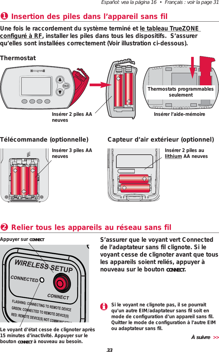 33Espa&ntilde;ol: vea la p&aacute;gina 16  &bull;  Fran&ccedil;ais : voir la page 31Insertion des piles dans l&rsquo;appareil sans fil1Une fois le raccordement du syst&egrave;me termin&eacute; et le tableau TrueZONE configur&eacute; &agrave; RF, installer les piles dans tous les dispositifs.  S&rsquo;assurerqu&rsquo;elles sont install&eacute;es correctement (Voir illustration ci-dessous).S&rsquo;assurer que le voyant vert Connectedde l&rsquo;adaptateur sans fil clignote. Si levoyant cesse de clignoter avant que tousles appareils soient reli&eacute;s, appuyer &agrave;nouveau sur le bouton CONNECT.Appuyer sur CONNECTThermostatIns&eacute;rer l&rsquo;aide-m&eacute;moire Ins&eacute;rer 2 piles AAneuvesT&eacute;l&eacute;commande (optionnelle)  Capteur d&rsquo;air ext&eacute;rieur (optionnel)Ins&eacute;rer 3 piles AAneuves Ins&eacute;rer 2 piles au lithium AA neuvesLe voyant d&rsquo;&eacute;tat cesse de clignoter apr&egrave;s15 minutes d&rsquo;inactivit&eacute;. Appuyer sur lebouton CONNECT &agrave; nouveau au besoin.Thermostats programmablesseulement&Agrave; suivre  >>Si le voyant ne clignote pas, il se pourraitqu&rsquo;un autre EIM/adaptateur sans fil soit enmode de configuration d&rsquo;un appareil sans fil.Quitter le mode de configuration &agrave; l&rsquo;autre EIMou adaptateur sans fil.Relier tous les appareils au r&eacute;seau sans fil2