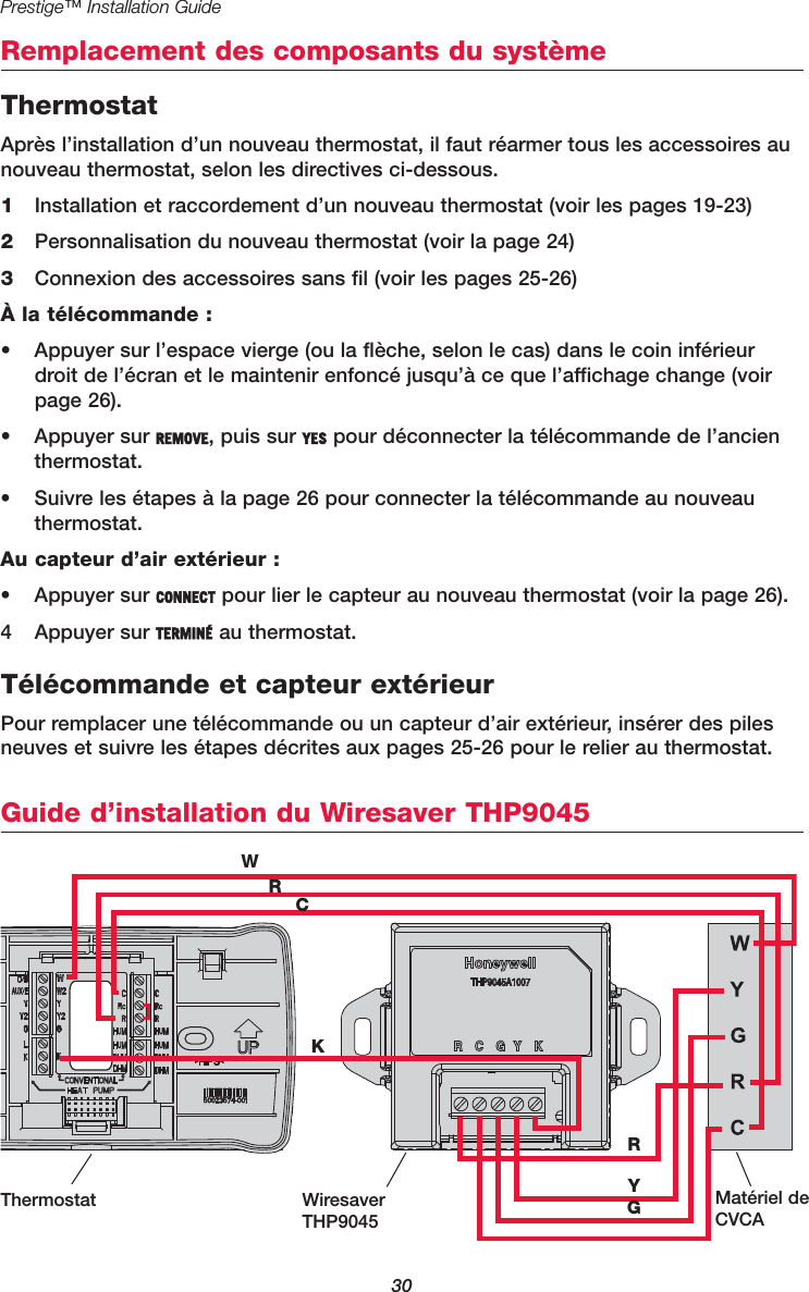 Prestige™ Installation Guide30Remplacement des composants du systèmeGuide d’installation du Wiresaver THP9045 WRCKRYGThermostat WiresaverTHP9045Matériel deCVCAThermostatAprès l’installation d’un nouveau thermostat, il faut réarmer tous les accessoires aunouveau thermostat, selon les directives ci-dessous.1Installation et raccordement d’un nouveau thermostat (voir les pages 19-23)2Personnalisation du nouveau thermostat (voir la page 24)3Connexion des accessoires sans fil (voir les pages 25-26)À la télécommande :•  Appuyer sur l’espace vierge (ou la flèche, selon le cas) dans le coin inférieurdroit de l’écran et le maintenir enfoncé jusqu’à ce que l’affichage change (voirpage 26).• Appuyer sur REMOVE, puis sur YES pour déconnecter la télécommande de l’ancienthermostat.•  Suivre les étapes à la page 26 pour connecter la télécommande au nouveauthermostat.Au capteur d’air extérieur :• Appuyer sur CONNECT pour lier le capteur au nouveau thermostat (voir la page 26).4 Appuyer sur TERMINÉ au thermostat.Télécommande et capteur extérieurPour remplacer une télécommande ou un capteur d’air extérieur, insérer des pilesneuves et suivre les étapes décrites aux pages 25-26 pour le relier au thermostat.