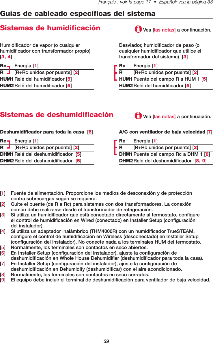 39Français : voir la page 17  •  Español: vea la página 33   Guías de cableado específicas del sistemaSistemas de humidificaciónDesviador, humidificador de paso (ocualquier humidificador que utilice eltransformador del sistema)  [3]Rc Energía [1]R[R+Rc unidos por puente] [2]HUM1 Puente del campo R a HUM 1 [5]HUM2 Relé del humidificador [5][1] Fuente de alimentación. Proporcione los medios de desconexión y de protección contra sobrecargas según se requiera.[2] Quite el puente (de R a Rc) para sistemas con dos transformadores. La conexión común debe realizarse desde el transformador de refrigeración.[3] Si utiliza un humidificador que está conectado directamente al termostato, configure el control de humidificación en Wired (conectado) en Installer Setup (configuración del instalador).[4] Si utiliza un adaptador inalámbrico (THM4000R) con un humidificador TrueSTEAM, configure el control de humidificación en Wireless (desconectado) en Installer Setup (configuración del instalador). No conecte nada a los terminales HUM del termostato.[5] Normalmente, los terminales son contactos en seco abiertos.[6] En Installer Setup (configuración del instalador), ajuste la configuración de deshumidificación en Whole House Dehumidifier (deshumidificador para toda la casa).[7] En Installer Setup (configuración del instalador), ajuste la configuración de deshumidificación en Dehumidify (deshumidificar) con el aire acondicionado.[8] Normalmente, los terminales son contactos en seco cerrados.[9] El equipo debe incluir el terminal de deshumidificación para ventilador de baja velocidad.Humidificador de vapor (o cualquierhumidificador con transformador propio)[3, 4]Rc Energía [1]R[R+Rc unidos por puente] [2]HUM1 Relé del humidificador [5]HUM2 Relé del humidificador [5]Sistemas de deshumidificaciónA/C con ventilador de baja velocidad [7]Rc Energía [1]R[R+Rc unidos por puente] [2]DHM1 Puente del campo Rc a DHM 1 [8]DHM2 Relé del deshumidificador  [8, 9]Deshumidificador para toda la casa  [6]Rc Energía [1]R[R+Rc unidos por puente] [2]DHM1 Relé del deshumidificador  [5]DHM2 Relé del deshumidificador  [5]Vea [las notas] a continuación.Vea [las notas] a continuación.