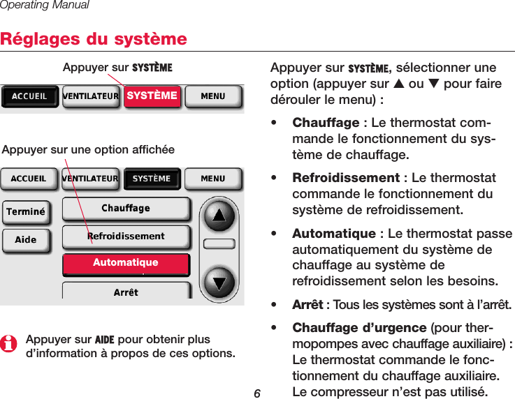 Operating Manual6Réglages du systèmeAppuyer sur SYSTÈME, sélectionner uneoption (appuyer sur ▲ou ▼pour fairedérouler le menu) :•  Chauffage : Le thermostat com-mande le fonctionnement du sys-tème de chauffage.•  Refroidissement : Le thermostatcommande le fonctionnement dusystème de refroidissement.•  Automatique : Le thermostat passeautomatiquement du système dechauffage au système derefroidissement selon les besoins.•  Arrêt : Tous les systèmes sont à l’arrêt.•  Chauffage d’urgence (pour ther-mopompes avec chauffage auxiliaire) :Le thermostat commande le fonc-tionnement du chauffage auxiliaire.Le compresseur n’est pas utilisé.Appuyer sur SYSTÈMESYSTÈMEAppuyer sur une option affichéeAutomatiqueAppuyer sur AIDE pour obtenir plusd’information à propos de ces options.