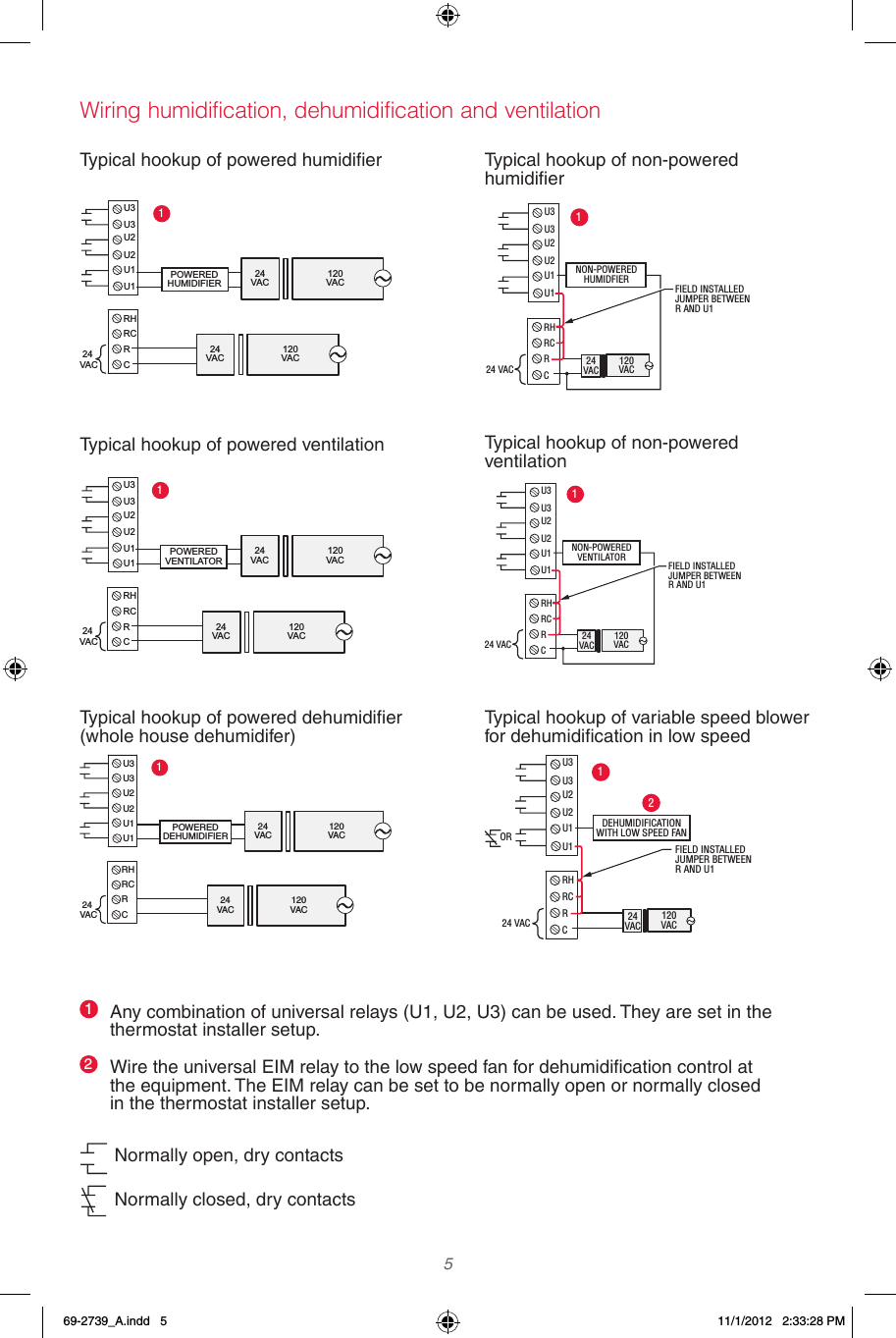  5 POWEREDHUMIDIFIERRHRCRCU3U3U2U2U1 U124VAC120VAC24VAC120VAC24 VAC1FIELD INSTALLED JUMPER BETWEEN R AND U1RHRCRC24 VACU3U3U2U2U1 U1NON-POWEREDHUMIDFIER24VAC120VAC1POWEREDVENTILATORRHRCRC24 VACU3U3U2U2U1 U124VAC120VAC24VAC120VAC1POWEREDDEHUMIDIFIERRHRCRCU3U3U2U2U1U124VAC120VAC24VAC120VAC24 VAC1FIELD INSTALLED JUMPER BETWEEN R AND U1RHRCRC24 VACU3U3U2U2U1 U1NON-POWEREDVENTILATOR24VAC120VAC1FIELD INSTALLED JUMPER BETWEEN R AND U1RHRCRC24 VACU3U3U2U2U1 U1ORDEHUMIDIFICATIONWITH LOW SPEED FAN24VAC120VAC12Typicalhookupofpoweredhumidier Typical hookup of non-powered humidierTypical hookup of powered ventilationTypicalhookupofpowereddehumidier (whole house dehumidifer)Typical hookup of variable speed blower fordehumidicationinlowspeedTypical hookup of non-powered  ventilationAny combination of universal relays (U1, U2, U3) can be used. They are set in the thermostat installer setup.WiretheuniversalEIMrelaytothelowspeedfanfordehumidicationcontrolatthe equipment. The EIM relay can be set to be normally open or normally closed in the thermostat installer setup.12Normally open, dry contactsNormally closed, dry contactsWiring humidification, dehumidification and ventilation69-2739_A.indd   5 11/1/2012   2:33:28 PM