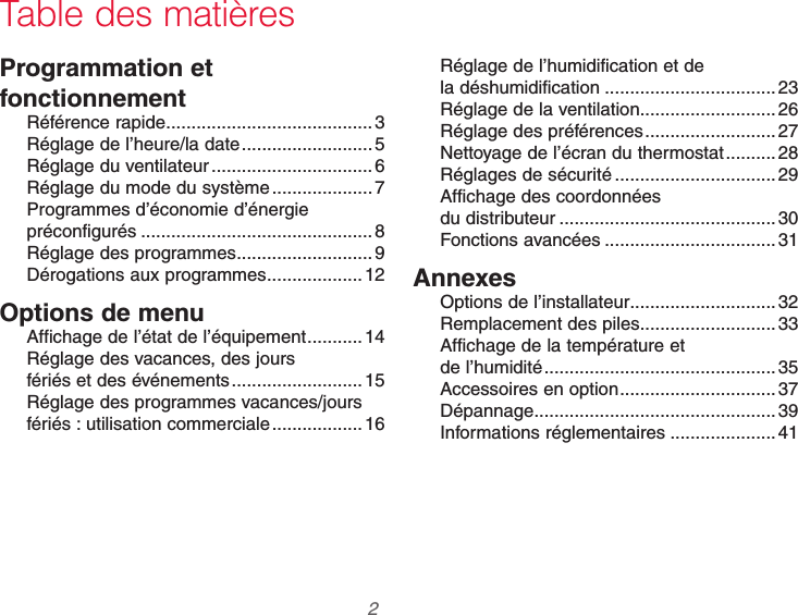 69-2740EFS—01 2Programmation et fonctionnementRéférence rapide .........................................3Réglage de l’heure/la date ..........................5Réglage du ventilateur ................................6Réglage du mode du système ....................7Programmes d’économie d’énergie  préconfigurés ..............................................8Réglage des programmes ...........................9Dérogations aux programmes ...................12Options de menuAffichage de l’état de l’équipement ...........14Réglage des vacances, des jours  fériés et des événements ..........................15Réglage des programmes vacances/jours fériés : utilisation commerciale ..................16Réglage de l’humidification et de  la déshumidification .................................. 23Réglage de la ventilation ...........................26Réglage des préférences ..........................27Nettoyage de l’écran du thermostat ..........28Réglages de sécurité ................................29Affichage des coordonnées  du distributeur ...........................................30Fonctions avancées .................................. 31AnnexesOptions de l’installateur .............................32Remplacement des piles ...........................33Affichage de la température et  de l’humidité ..............................................35Accessoires en option ...............................37Dépannage ................................................ 39Informations réglementaires ..................... 41Table des matières