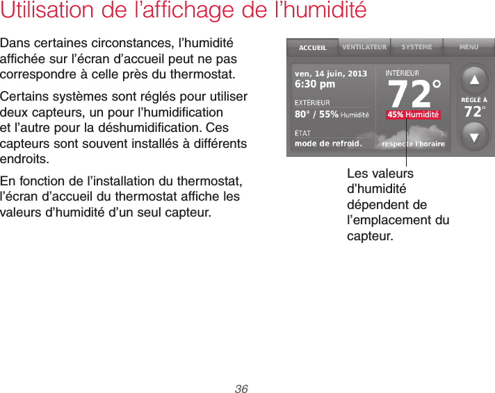 69-2740EFS—01 36Utilisation de l’affichage de l’humidité45% HumiditéDans certaines circonstances, l’humidité affichée sur l’écran d’accueil peut ne pas correspondre à celle près du thermostat.Certains systèmes sont réglés pour utiliser deux capteurs, un pour l’humidification et l’autre pour la déshumidification. Ces capteurs sont souvent installés à différents endroits.En fonction de l’installation du thermostat, l’écran d’accueil du thermostat affiche les valeurs d’humidité d’un seul capteur.Les valeurs d’humidité dépendent de l’emplacement du capteur.