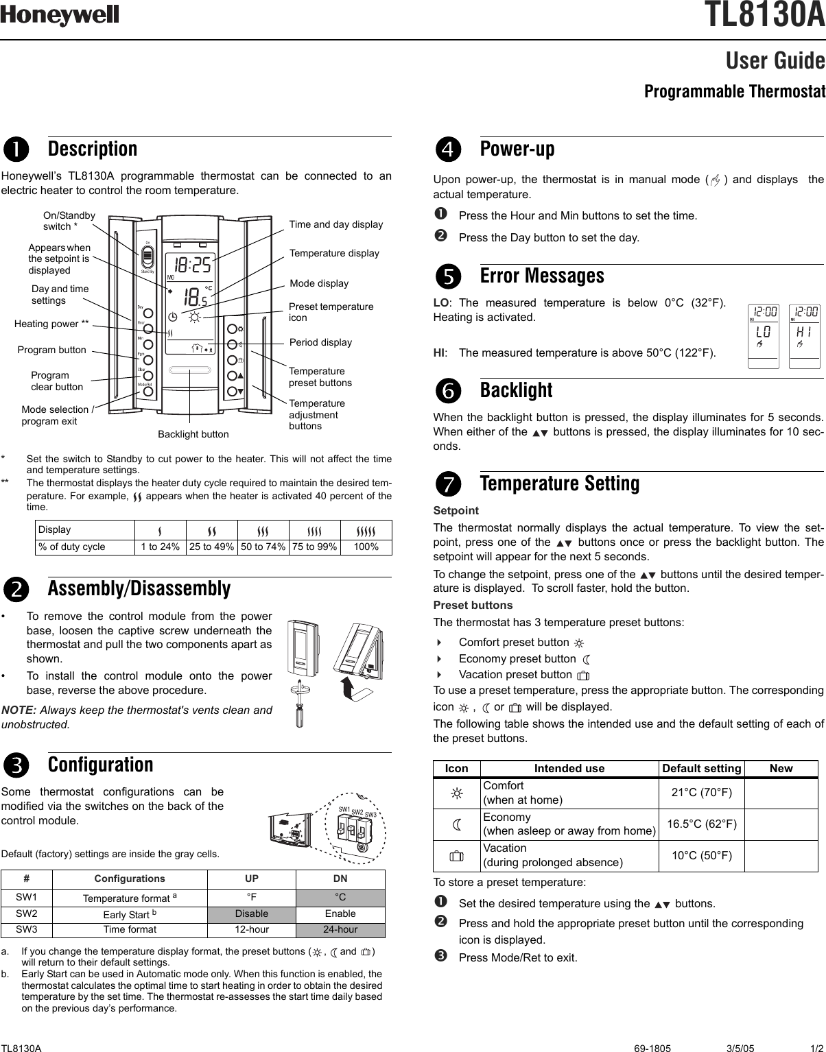 Page 1 of 2 - Honeywell TL8130A 69-1805 Programmable Thermostat User Guide Manual  To The A39b97d1-a145-4f40-bb18-6c5510b0985b