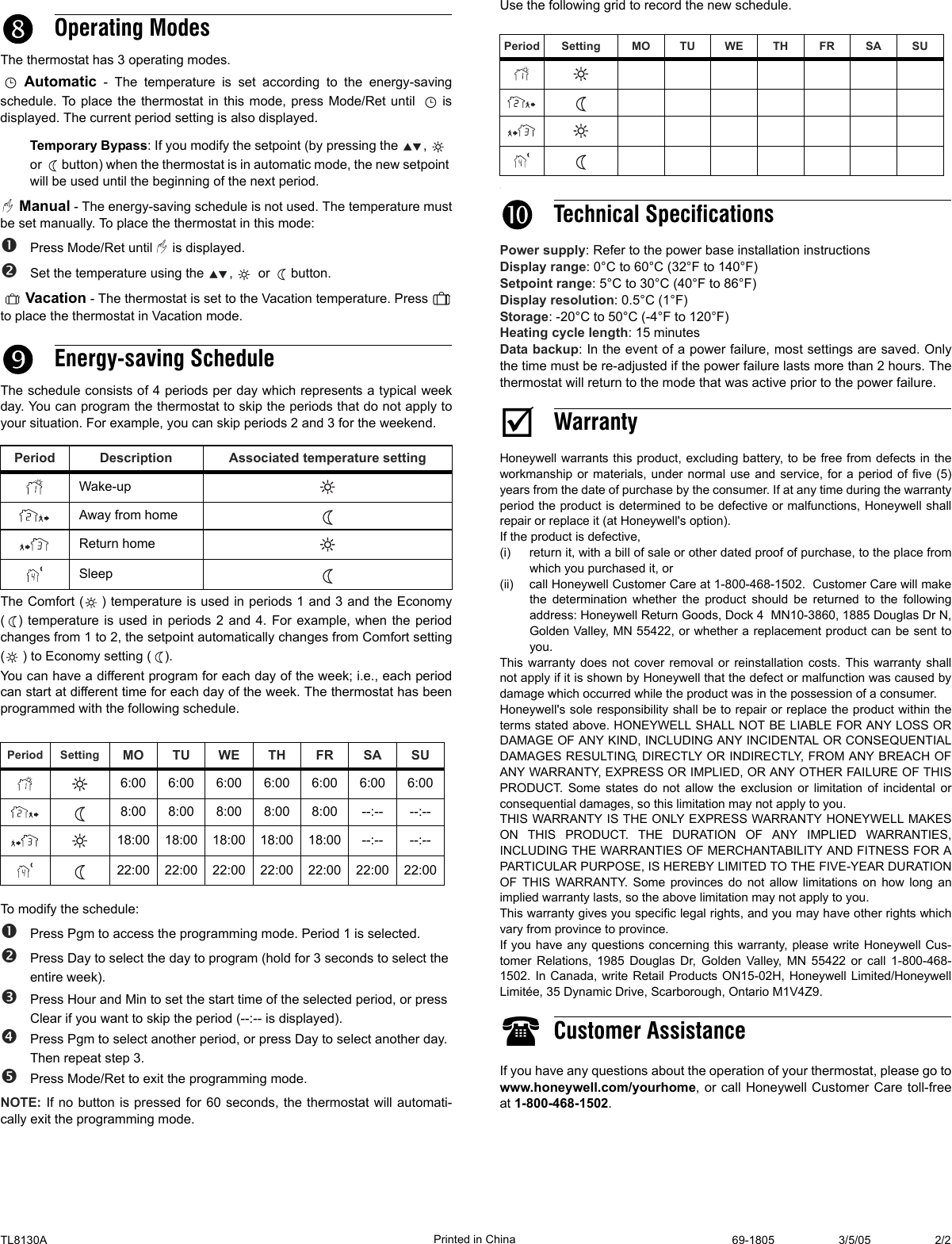 Page 2 of 2 - Honeywell TL8130A 69-1805 Programmable Thermostat User Guide Manual  To The A39b97d1-a145-4f40-bb18-6c5510b0985b