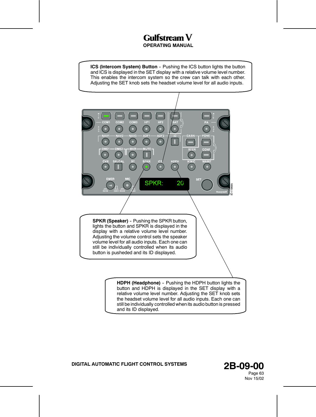 OPERATING MANUAL2B-09-00Page 63Nov 15/02DIGITAL AUTOMATIC FLIGHT CONTROL SYSTEMSSPKR (Speaker) -- Pushing the SPKR button,lights the button and SPKR is displayed in thedisplay with a relative volume level number.Adjusting the volume control sets the speakervolume level for all audio inputs. Each one canstill be individually controlled when its audiobutton is pusheded and its ID displayed.HDPH (Headphone) -- Pushing the HDPH button lights thebutton and HDPH is displayed in the SET display with arelative volume level number. Adjusting the SET knob setsthe headset volume level for all audio inputs. Each one canstill be individually controlled when its audio button is pressedand its ID displayed.ICS (Intercom System) Button -- Pushing the ICS button lights the buttonand ICS is displayed in the SET display with a relative volume level number.This enables the intercom system so the crew can talk with each other.Adjusting the SET knob sets the headset volume level for all audio inputs.
