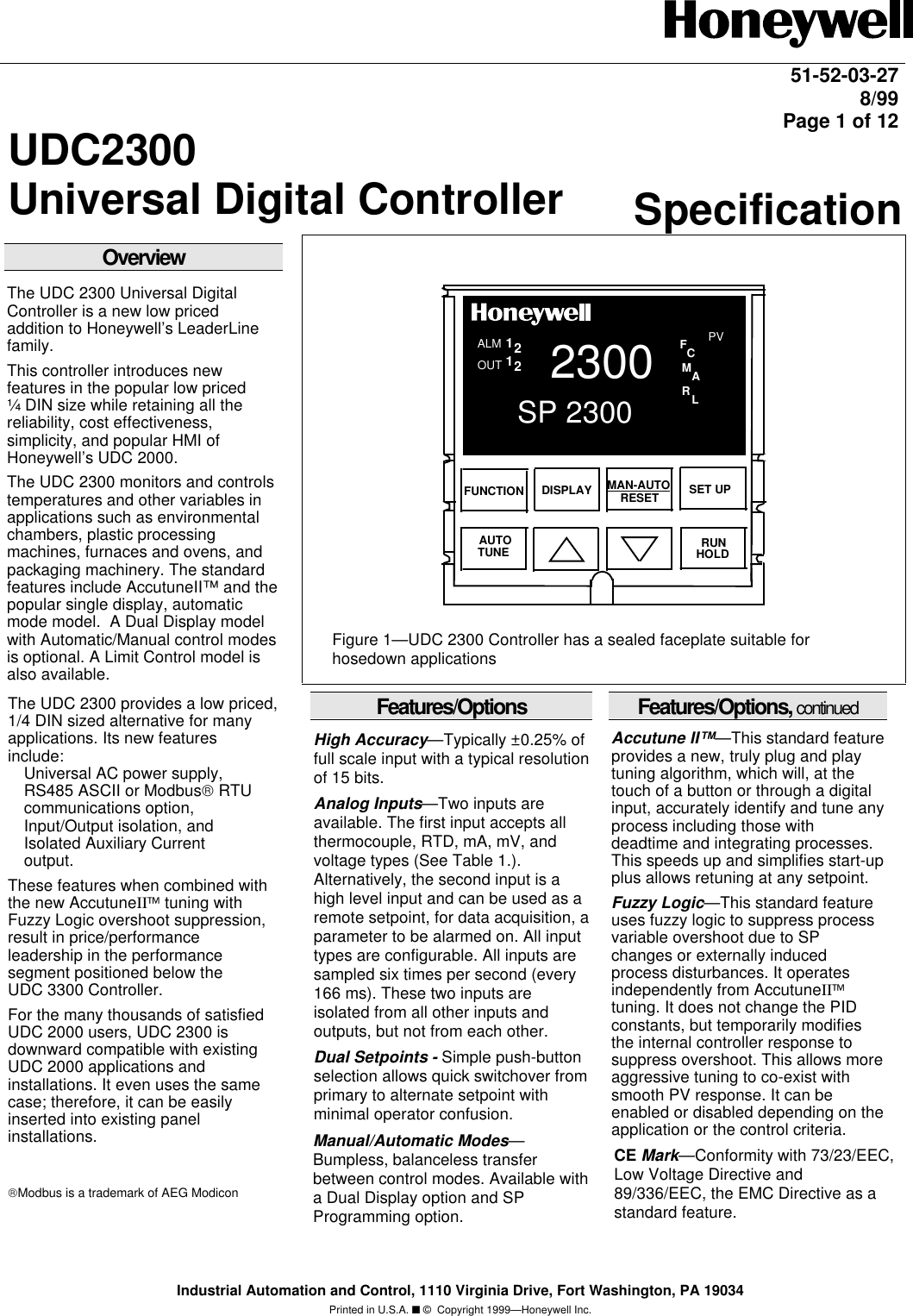 Page 1 of 12 - Honeywell UDC2300 User Manual  To The 6739d5f4-d059-47ac-846c-79b31e2b5baa