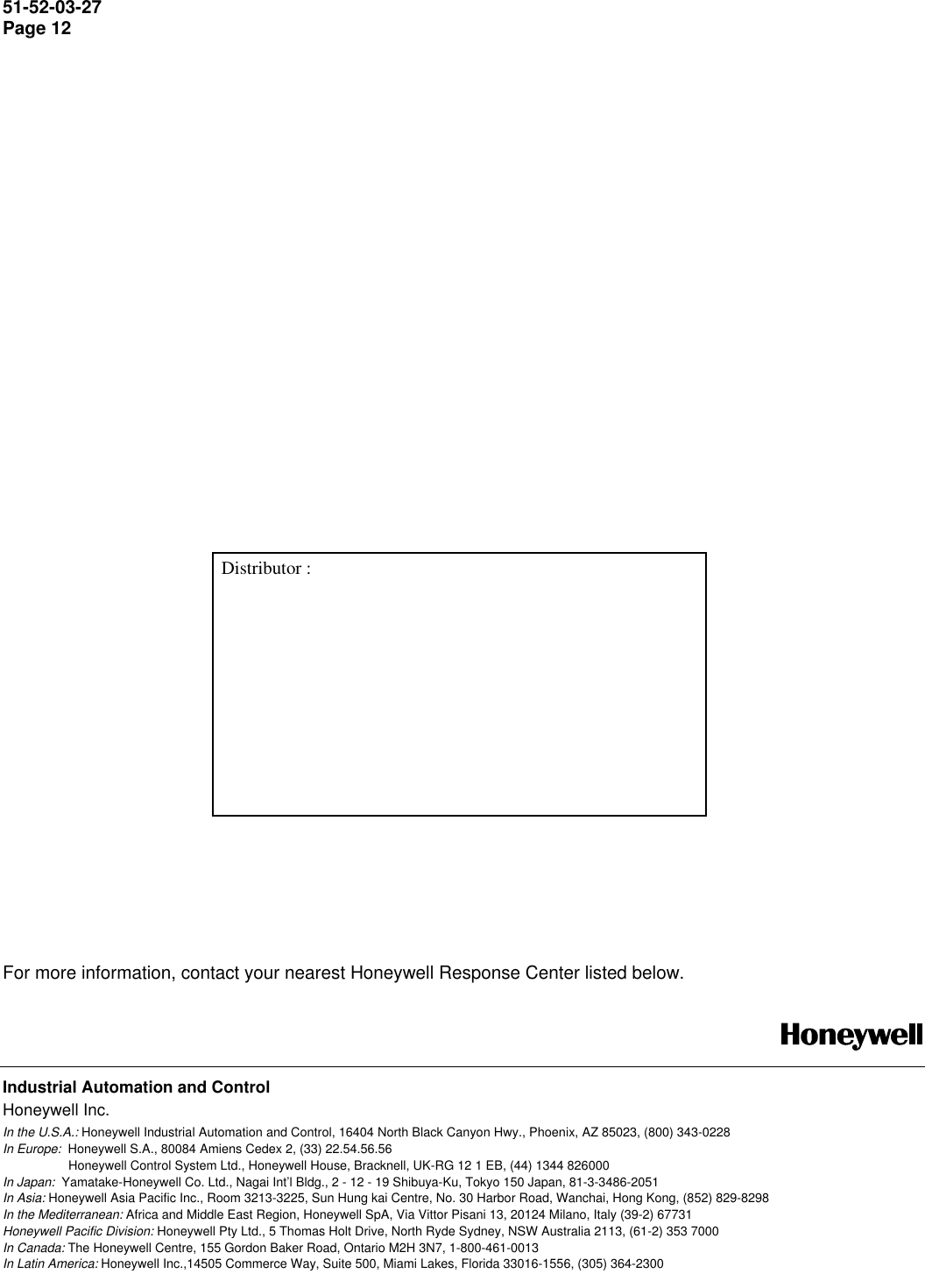 Page 12 of 12 - Honeywell UDC2300 User Manual  To The 6739d5f4-d059-47ac-846c-79b31e2b5baa