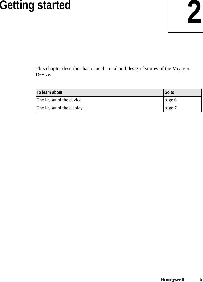 52Getting startedThis chapter describes basic mechanical and design features of the Voyager Device:To learn about Go toThe layout of the device page 6The layout of the display page 7