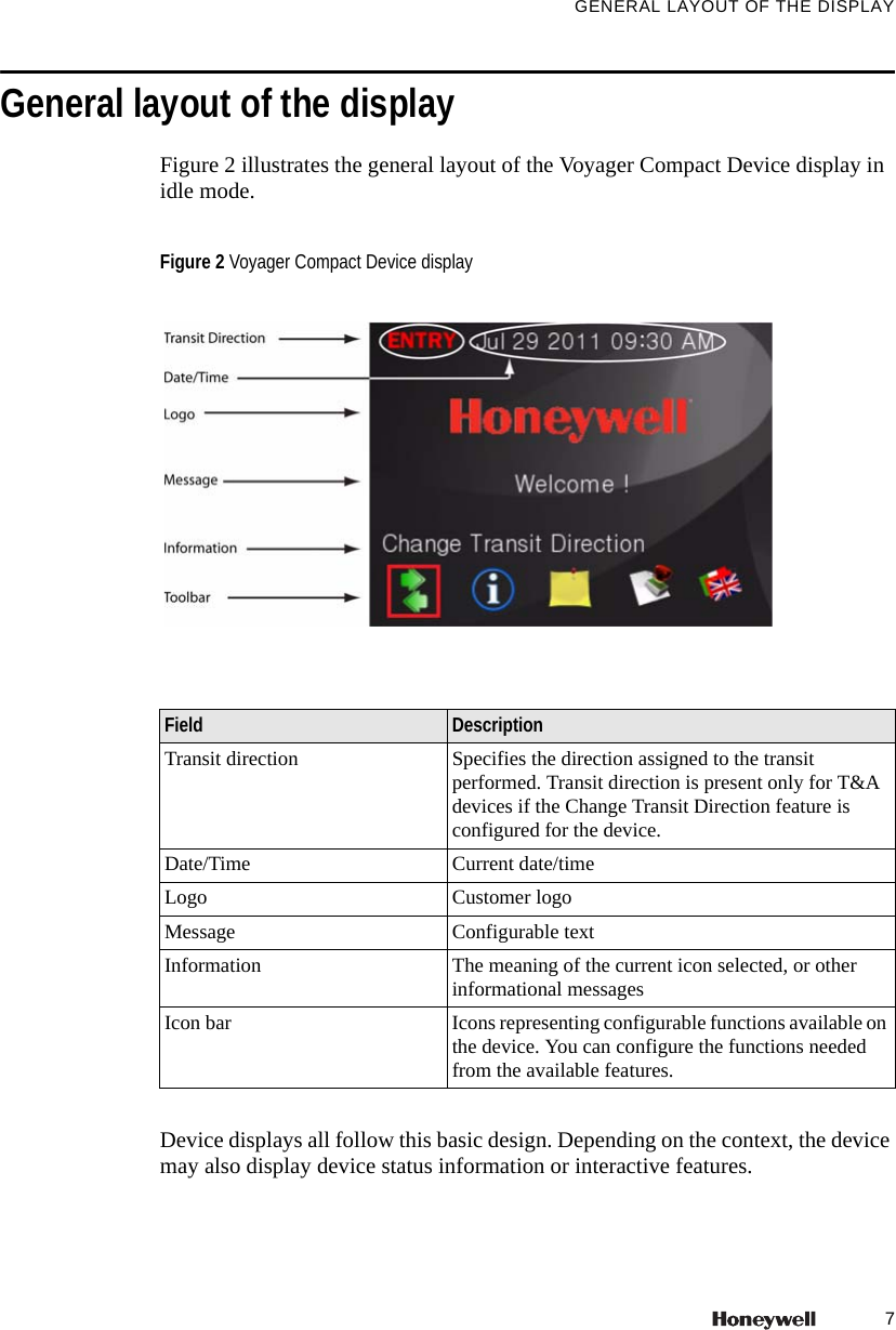 7GENERAL LAYOUT OF THE DISPLAYGeneral layout of the displayFigure 2 illustrates the general layout of the Voyager Compact Device display in idle mode.Device displays all follow this basic design. Depending on the context, the device may also display device status information or interactive features. Figure 2 Voyager Compact Device displayField DescriptionTransit direction Specifies the direction assigned to the transit performed. Transit direction is present only for T&amp;A devices if the Change Transit Direction feature is configured for the device.Date/Time Current date/timeLogo Customer logoMessage Configurable textInformation The meaning of the current icon selected, or other informational messagesIcon bar Icons representing configurable functions available on the device. You can configure the functions needed from the available features.