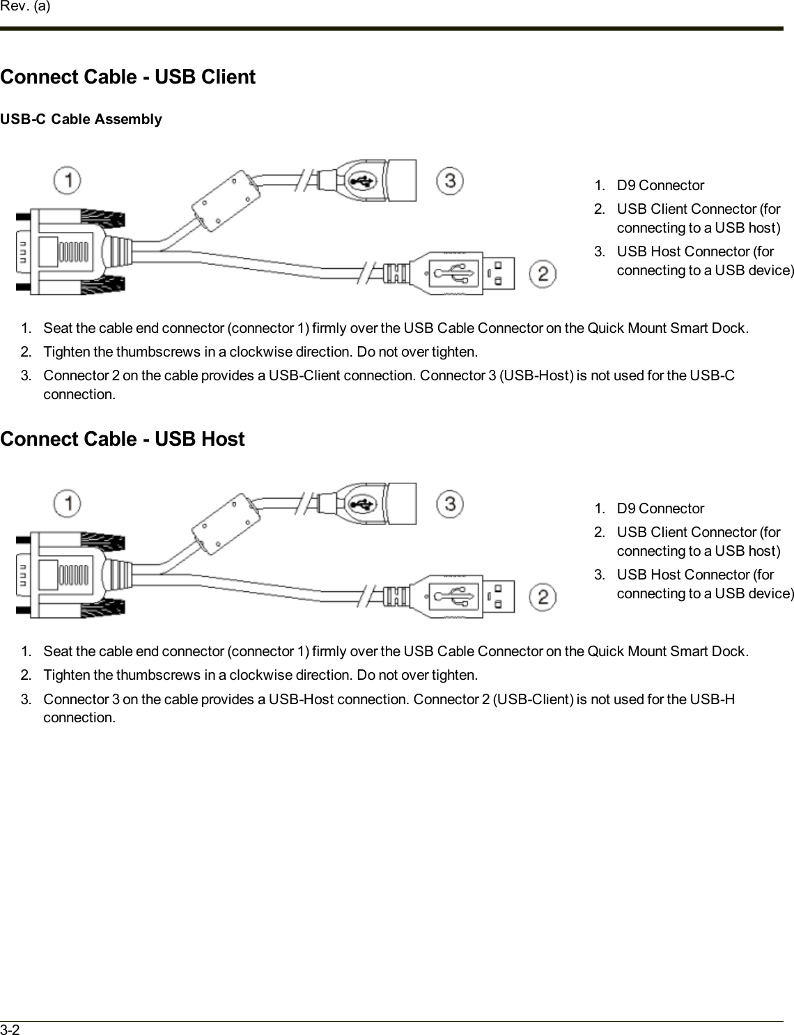 Rev. (a)Connect Cable - USB ClientUSB-C Cable Assembly1. D9 Connector2. USB Client Connector (forconnecting to a USB host)3. USB Host Connector (forconnecting to a USB device)1. Seat the cable end connector (connector 1) firmly over the USB Cable Connector on the Quick Mount Smart Dock.2. Tighten the thumbscrews in a clockwise direction. Do not over tighten.3. Connector 2 on the cable provides a USB-Client connection. Connector 3 (USB-Host) is not used for the USB-Cconnection.Connect Cable - USB Host1. D9 Connector2. USB Client Connector (forconnecting to a USB host)3. USB Host Connector (forconnecting to a USB device)1. Seat the cable end connector (connector 1) firmly over the USB Cable Connector on the Quick Mount Smart Dock.2. Tighten the thumbscrews in a clockwise direction. Do not over tighten.3. Connector 3 on the cable provides a USB-Host connection. Connector 2 (USB-Client) is not used for the USB-Hconnection.3-2