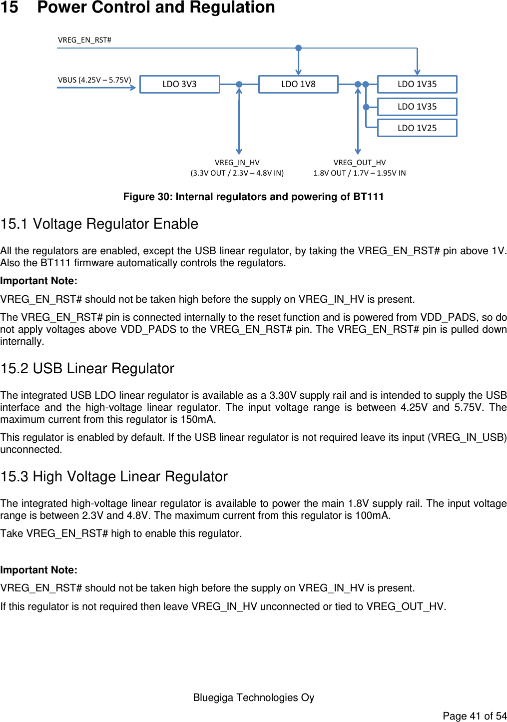    Bluegiga Technologies Oy Page 41 of 54 15  Power Control and Regulation LDO 3V3 LDO 1V8 LDO 1V35VBUS (4.25V –5.75V)VREG_IN_HV(3.3V OUT / 2.3V –4.8V IN)VREG_OUT_HV1.8V OUT / 1.7V –1.95V INVREG_EN_RST#LDO 1V35LDO 1V25 Figure 30: Internal regulators and powering of BT111 15.1 Voltage Regulator Enable All the regulators are enabled, except the USB linear regulator, by taking the VREG_EN_RST# pin above 1V. Also the BT111 firmware automatically controls the regulators. Important Note: VREG_EN_RST# should not be taken high before the supply on VREG_IN_HV is present. The VREG_EN_RST# pin is connected internally to the reset function and is powered from VDD_PADS, so do not apply voltages above VDD_PADS to the VREG_EN_RST# pin. The VREG_EN_RST# pin is pulled down internally. 15.2 USB Linear Regulator The integrated USB LDO linear regulator is available as a 3.30V supply rail and is intended to supply the USB interface  and  the  high-voltage  linear  regulator.  The  input  voltage  range  is  between  4.25V  and  5.75V.  The maximum current from this regulator is 150mA. This regulator is enabled by default. If the USB linear regulator is not required leave its input (VREG_IN_USB) unconnected. 15.3 High Voltage Linear Regulator The integrated high-voltage linear regulator is available to power the main 1.8V supply rail. The input voltage range is between 2.3V and 4.8V. The maximum current from this regulator is 100mA. Take VREG_EN_RST# high to enable this regulator.  Important Note: VREG_EN_RST# should not be taken high before the supply on VREG_IN_HV is present. If this regulator is not required then leave VREG_IN_HV unconnected or tied to VREG_OUT_HV. 
