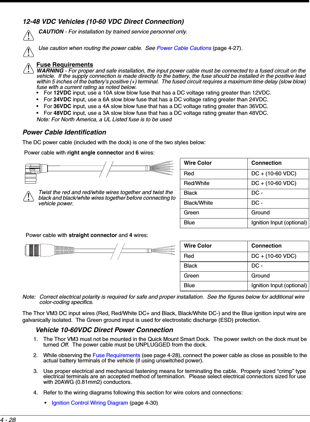 4 - 2812-48 VDC Vehicles (10-60 VDC Direct Connection)Power Cable IdentificationThe DC power cable (included with the dock) is one of the two styles below:Note: Correct electrical polarity is required for safe and proper installation.  See the figures below for additional wire color-coding specifics.The Thor VM3 DC input wires (Red, Red/White DC+ and Black, Black/White DC-) and the Blue ignition input wire are galvanically isolated.  The Green ground input is used for electrostatic discharge (ESD) protection. Vehicle 10-60VDC Direct Power Connection1. The Thor VM3 must not be mounted in the Quick Mount Smart Dock.  The power switch on the dock must be turned Off.  The power cable must be UNPLUGGED from the dock.2. While observing the Fuse Requirements (see page 4-28), connect the power cable as close as possible to the actual battery terminals of the vehicle (if using unswitched power). 3. Use proper electrical and mechanical fastening means for terminating the cable.  Properly sized “crimp” type electrical terminals are an accepted method of termination.  Please select electrical connectors sized for use with 20AWG (0.81mm2) conductors.4. Refer to the wiring diagrams following this section for wire colors and connections:•Ignition Control Wiring Diagram (page 4-30)CAUTION - For installation by trained service personnel only.Use caution when routing the power cable.  See Power Cable Cautions (page 4-27).Fuse RequirementsWARNING - For proper and safe installation, the input power cable must be connected to a fused circuit on the vehicle.  If the supply connection is made directly to the battery, the fuse should be installed in the positive lead within 5 inches of the battery’s positive (+) terminal.  The fused circuit requires a maximum time delay (slow blow) fuse with a current rating as noted below.•For 12VDC input, use a 10A slow blow fuse that has a DC voltage rating greater than 12VDC.•For 24VDC input, use a 6A slow blow fuse that has a DC voltage rating greater than 24VDC.•For 36VDC input, use a 4A slow blow fuse that has a DC voltage rating greater than 36VDC.•For 48VDC input, use a 3A slow blow fuse that has a DC voltage rating greater than 48VDC.Note: For North America, a UL Listed fuse is to be usedPower cable with right angle connector and 6 wires:Wire Color ConnectionRed DC + (10-60 VDC)Red/White DC + (10-60 VDC)Twist the red and red/white wires together and twist the black and black/white wires together before connecting to vehicle power.Black DC -Black/White DC -Green GroundBlue Ignition Input (optional) Power cable with straight connector and 4 wires:Wire Color ConnectionRed DC + (10-60 VDC)Black DC -Green GroundBlue Ignition Input (optional)!!!!