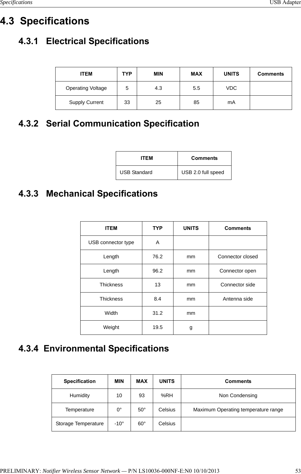 PRELIMINARY: Notifier Wireless Sensor Network — P/N LS10036-000NF-E:N0 10/10/2013   53Specifications USB Adapter4.3  Specifications4.3.1   Electrical Specifications4.3.2   Serial Communication Specification4.3.3   Mechanical Specifications4.3.4  Environmental SpecificationsITEM TYP MIN MAX UNITS CommentsOperating Voltage 5 4.3 5.5 VDCSupply Current 33 25 85 mAITEM CommentsUSB Standard USB 2.0 full speedITEM TYP UNITS CommentsUSB connector type ALength 76.2 mm Connector closedLength 96.2 mm Connector openThickness 13 mm Connector sideThickness 8.4 mm Antenna sideWidth 31.2 mmWeight 19.5 gSpecification MIN MAX UNITS CommentsHumidity 10 93 %RH Non CondensingTemperature 0° 50° Celsius Maximum Operating temperature rangeStorage Temperature -10° 60° Celsius