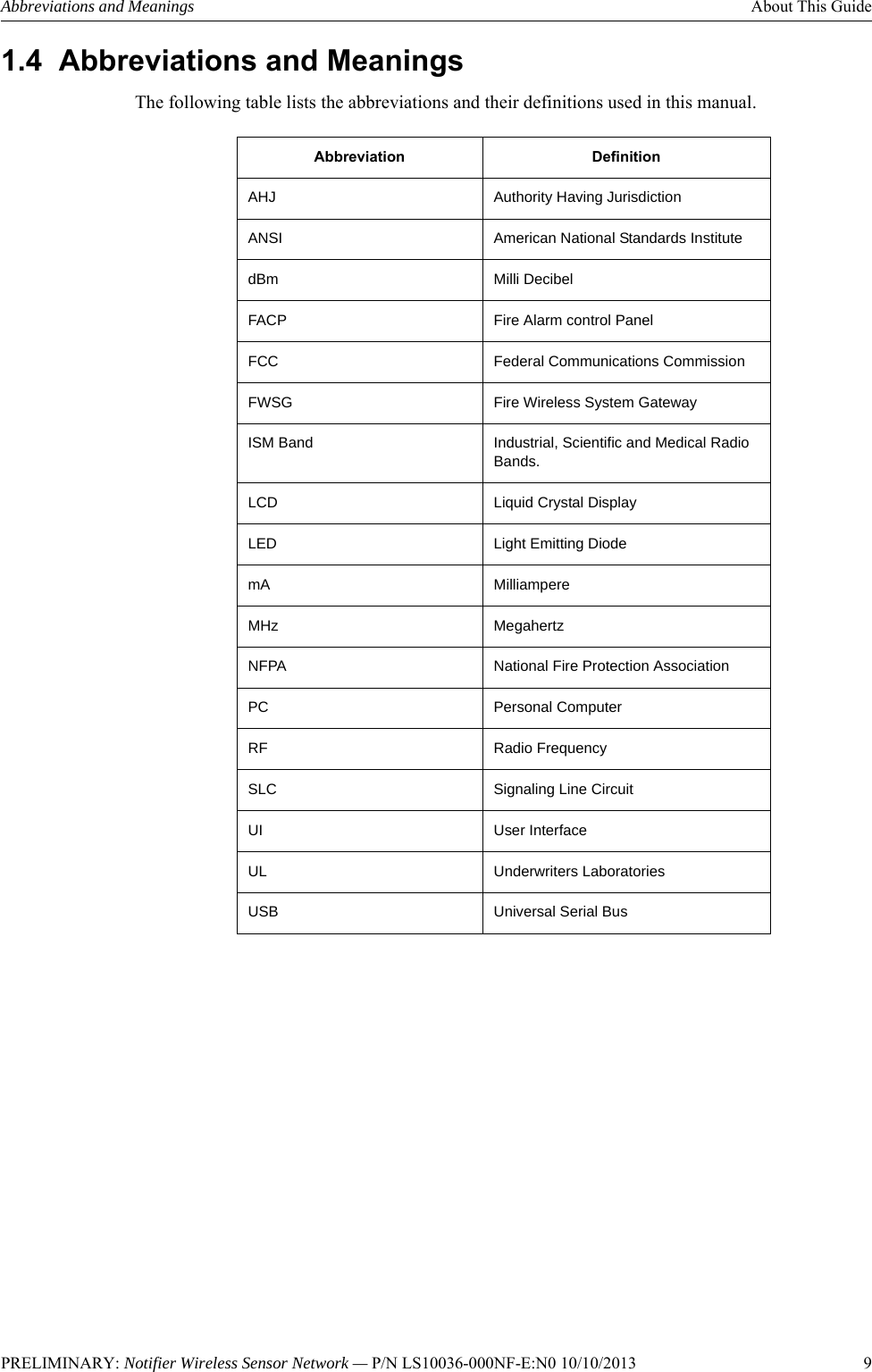 PRELIMINARY: Notifier Wireless Sensor Network — P/N LS10036-000NF-E:N0 10/10/2013   9Abbreviations and Meanings About This Guide1.4  Abbreviations and MeaningsThe following table lists the abbreviations and their definitions used in this manual.Abbreviation DefinitionAHJ Authority Having JurisdictionANSI American National Standards InstitutedBm Milli DecibelFACP Fire Alarm control PanelFCC Federal Communications CommissionFWSG Fire Wireless System GatewayISM Band Industrial, Scientific and Medical Radio Bands.LCD Liquid Crystal DisplayLED Light Emitting DiodemA MilliampereMHz MegahertzNFPA National Fire Protection AssociationPC Personal ComputerRF Radio FrequencySLC Signaling Line CircuitUI User InterfaceUL Underwriters LaboratoriesUSB Universal Serial Bus