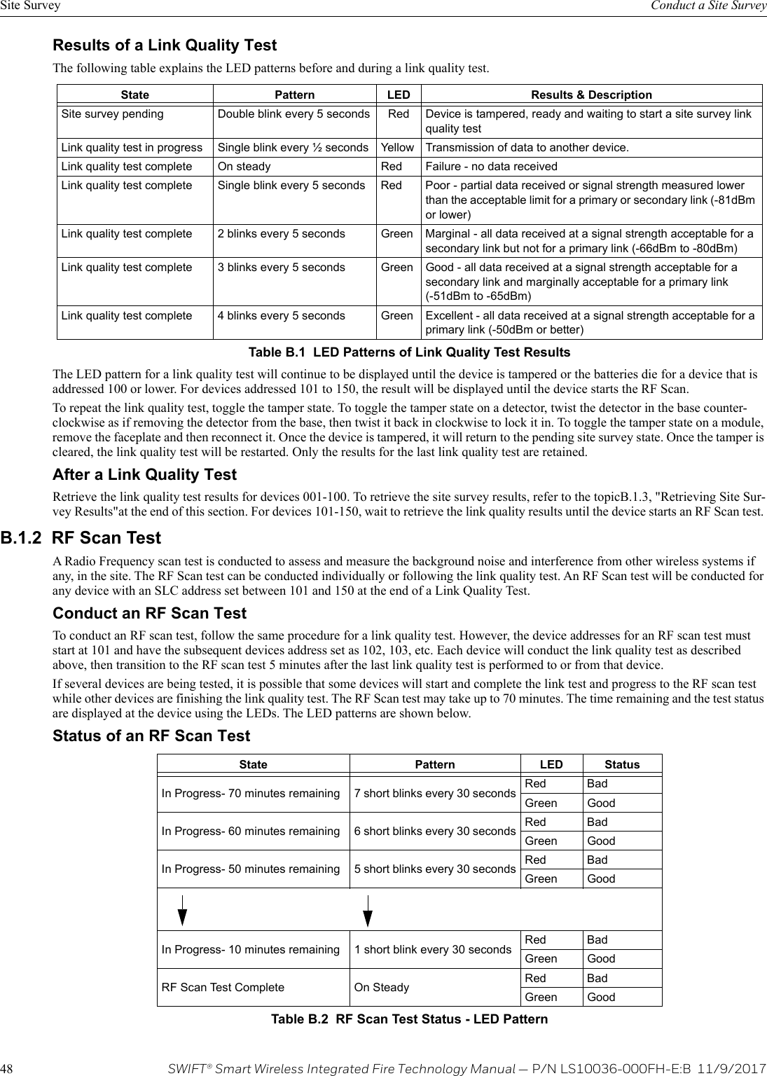 48 SWIFT® Smart Wireless Integrated Fire Technology Manual — P/N LS10036-000FH-E:B  11/9/2017Site Survey Conduct a Site SurveyResults of a Link Quality TestThe following table explains the LED patterns before and during a link quality test. The LED pattern for a link quality test will continue to be displayed until the device is tampered or the batteries die for a device that is addressed 100 or lower. For devices addressed 101 to 150, the result will be displayed until the device starts the RF Scan.To repeat the link quality test, toggle the tamper state. To toggle the tamper state on a detector, twist the detector in the base counter-clockwise as if removing the detector from the base, then twist it back in clockwise to lock it in. To toggle the tamper state on a module, remove the faceplate and then reconnect it. Once the device is tampered, it will return to the pending site survey state. Once the tamper is cleared, the link quality test will be restarted. Only the results for the last link quality test are retained. After a Link Quality TestRetrieve the link quality test results for devices 001-100. To retrieve the site survey results, refer to the topicB.1.3, &quot;Retrieving Site Sur-vey Results&quot;at the end of this section. For devices 101-150, wait to retrieve the link quality results until the device starts an RF Scan test. B.1.2  RF Scan TestA Radio Frequency scan test is conducted to assess and measure the background noise and interference from other wireless systems if any, in the site. The RF Scan test can be conducted individually or following the link quality test. An RF Scan test will be conducted for any device with an SLC address set between 101 and 150 at the end of a Link Quality Test.Conduct an RF Scan TestTo conduct an RF scan test, follow the same procedure for a link quality test. However, the device addresses for an RF scan test must start at 101 and have the subsequent devices address set as 102, 103, etc. Each device will conduct the link quality test as described above, then transition to the RF scan test 5 minutes after the last link quality test is performed to or from that device.If several devices are being tested, it is possible that some devices will start and complete the link test and progress to the RF scan test while other devices are finishing the link quality test. The RF Scan test may take up to 70 minutes. The time remaining and the test status are displayed at the device using the LEDs. The LED patterns are shown below.Status of an RF Scan TestState Pattern LED Results &amp; DescriptionSite survey pending Double blink every 5 seconds Red Device is tampered, ready and waiting to start a site survey link quality testLink quality test in progress Single blink every ½ seconds Yellow Transmission of data to another device.Link quality test complete On steady Red Failure - no data receivedLink quality test complete Single blink every 5 seconds Red Poor - partial data received or signal strength measured lower than the acceptable limit for a primary or secondary link (-81dBm or lower)Link quality test complete 2 blinks every 5 seconds Green Marginal - all data received at a signal strength acceptable for a secondary link but not for a primary link (-66dBm to -80dBm)Link quality test complete 3 blinks every 5 seconds Green Good - all data received at a signal strength acceptable for a secondary link and marginally acceptable for a primary link (-51dBm to -65dBm)Link quality test complete 4 blinks every 5 seconds Green Excellent - all data received at a signal strength acceptable for a primary link (-50dBm or better)Table B.1  LED Patterns of Link Quality Test ResultsState Pattern LED StatusIn Progress- 70 minutes remaining  7 short blinks every 30 seconds Red BadGreen GoodIn Progress- 60 minutes remaining  6 short blinks every 30 seconds Red BadGreen GoodIn Progress- 50 minutes remaining  5 short blinks every 30 seconds Red BadGreen GoodIn Progress- 10 minutes remaining  1 short blink every 30 seconds Red BadGreen GoodRF Scan Test Complete On Steady Red BadGreen GoodTable B.2  RF Scan Test Status - LED Pattern