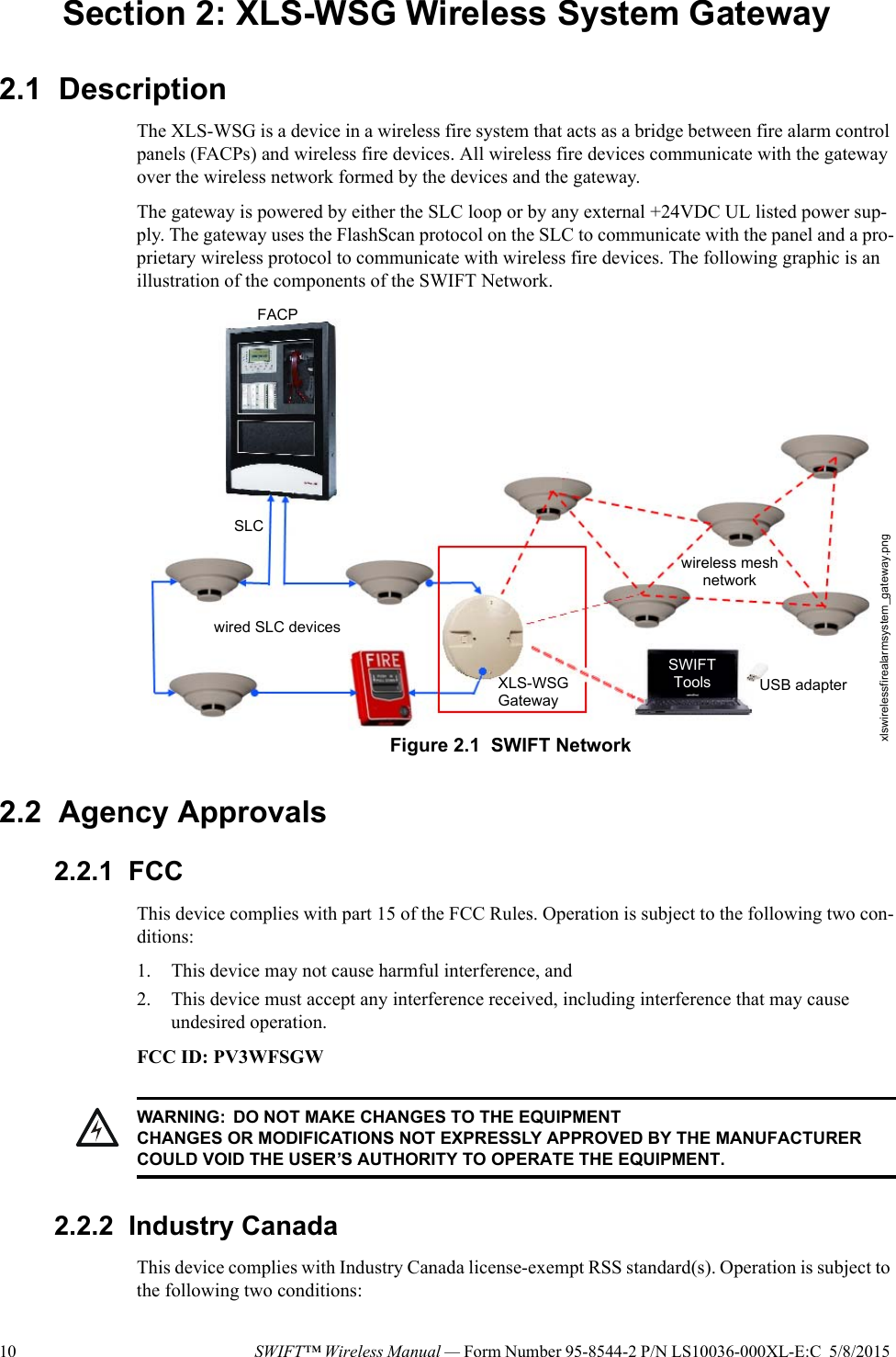 10 SWIFT™ Wireless Manual — Form Number 95-8544-2 P/N LS10036-000XL-E:C  5/8/2015 Section 2: XLS-WSG Wireless System Gateway2.1  DescriptionThe XLS-WSG is a device in a wireless fire system that acts as a bridge between fire alarm control panels (FACPs) and wireless fire devices. All wireless fire devices communicate with the gateway over the wireless network formed by the devices and the gateway. The gateway is powered by either the SLC loop or by any external +24VDC UL listed power sup-ply. The gateway uses the FlashScan protocol on the SLC to communicate with the panel and a pro-prietary wireless protocol to communicate with wireless fire devices. The following graphic is an illustration of the components of the SWIFT Network.    2.2  Agency Approvals2.2.1  FCCThis device complies with part 15 of the FCC Rules. Operation is subject to the following two con-ditions: 1. This device may not cause harmful interference, and 2. This device must accept any interference received, including interference that may cause undesired operation.FCC ID: PV3WFSGW2.2.2  Industry CanadaThis device complies with Industry Canada license-exempt RSS standard(s). Operation is subject to the following two conditions: Figure 2.1  SWIFT NetworkFACPSLCwired SLC devicesXLS-WSGGatewaywireless mesh networkSWIFTToolsxlswirelessfirealarmsystem_gateway.pngUSB adapter!WARNING: DO NOT MAKE CHANGES TO THE EQUIPMENTCHANGES OR MODIFICATIONS NOT EXPRESSLY APPROVED BY THE MANUFACTURER COULD VOID THE USER’S AUTHORITY TO OPERATE THE EQUIPMENT.
