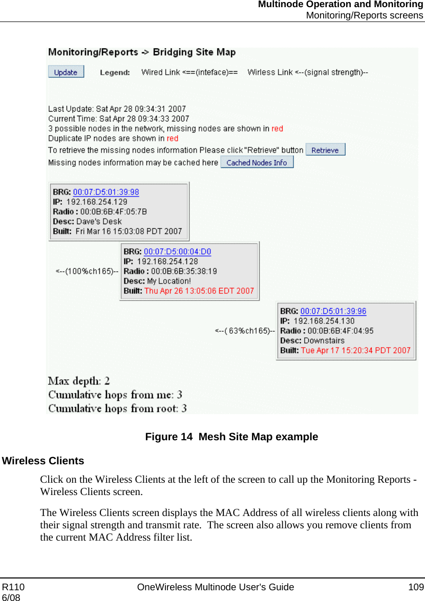 Multinode Operation and Monitoring  Monitoring/Reports screens R110    OneWireless Multinode User&apos;s Guide  109 6/08    Figure 14  Mesh Site Map example Wireless Clients Click on the Wireless Clients at the left of the screen to call up the Monitoring Reports - Wireless Clients screen. The Wireless Clients screen displays the MAC Address of all wireless clients along with their signal strength and transmit rate.  The screen also allows you remove clients from the current MAC Address filter list.   