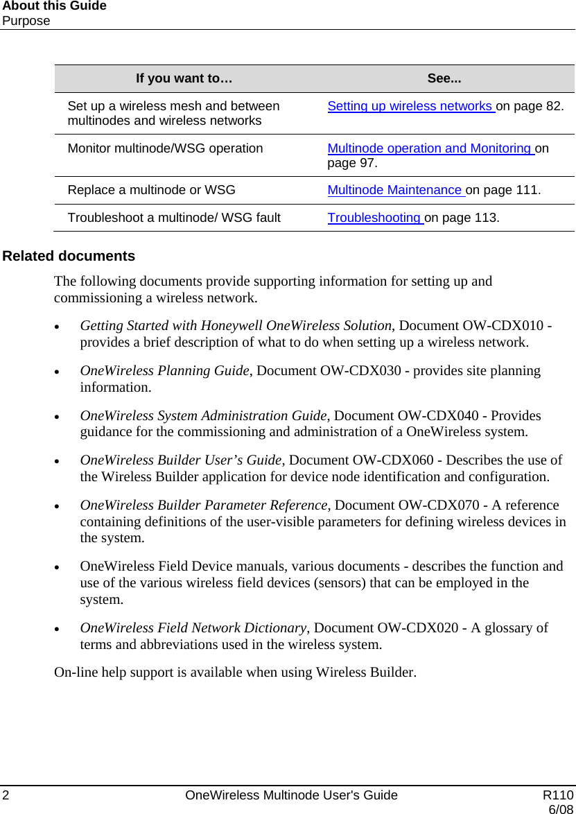 About this Guide Purpose 2    OneWireless Multinode User&apos;s Guide   R110   6/08 If you want to…  See... Set up a wireless mesh and between multinodes and wireless networks  Setting up wireless networks on page 82. Monitor multinode/WSG operation  Multinode operation and Monitoring on page 97. Replace a multinode or WSG  Multinode Maintenance on page 111. Troubleshoot a multinode/ WSG fault  Troubleshooting on page 113.  Related documents The following documents provide supporting information for setting up and commissioning a wireless network.   • Getting Started with Honeywell OneWireless Solution, Document OW-CDX010 - provides a brief description of what to do when setting up a wireless network.  • OneWireless Planning Guide, Document OW-CDX030 - provides site planning information. • OneWireless System Administration Guide, Document OW-CDX040 - Provides guidance for the commissioning and administration of a OneWireless system. • OneWireless Builder User’s Guide, Document OW-CDX060 - Describes the use of the Wireless Builder application for device node identification and configuration.    • OneWireless Builder Parameter Reference, Document OW-CDX070 - A reference containing definitions of the user-visible parameters for defining wireless devices in the system.   • OneWireless Field Device manuals, various documents - describes the function and use of the various wireless field devices (sensors) that can be employed in the system. • OneWireless Field Network Dictionary, Document OW-CDX020 - A glossary of terms and abbreviations used in the wireless system.   On-line help support is available when using Wireless Builder.  