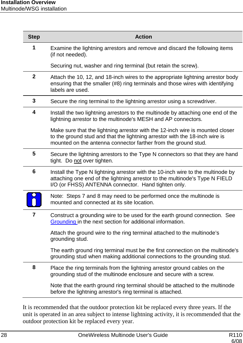 Installation Overview Multinode/WSG installation 28    OneWireless Multinode User&apos;s Guide   R110   6/08  Step  Action 1  Examine the lightning arrestors and remove and discard the following items (if not needed).   Securing nut, washer and ring terminal (but retain the screw). 2  Attach the 10, 12, and 18-inch wires to the appropriate lightning arrestor body ensuring that the smaller (#8) ring terminals and those wires with identifying labels are used. 3  Secure the ring terminal to the lightning arrestor using a screwdriver. 4  Install the two lightning arrestors to the multinode by attaching one end of the lightning arrestor to the multinode&apos;s MESH and AP connectors.  Make sure that the lightning arrestor with the 12-inch wire is mounted closer to the ground stud and that the lightning arrestor with the 18-inch wire is mounted on the antenna connector farther from the ground stud. 5  Secure the lightning arrestors to the Type N connectors so that they are hand tight.  Do not over tighten. 6  Install the Type N lightning arrestor with the 10-inch wire to the multinode by attaching one end of the lightning arrestor to the multinode&apos;s Type N FIELD I/O (or FHSS) ANTENNA connector.  Hand tighten only.  Note:  Steps 7 and 8 may need to be performed once the multinode is mounted and connected at its site location. 7  Construct a grounding wire to be used for the earth ground connection.  See Grounding in the next section for additional information.   Attach the ground wire to the ring terminal attached to the multinode’s grounding stud.   The earth ground ring terminal must be the first connection on the multinode&apos;s grounding stud when making additional connections to the grounding stud. 8  Place the ring terminals from the lightning arrestor ground cables on the grounding stud of the multinode enclosure and secure with a screw. Note that the earth ground ring terminal should be attached to the multinode before the lightning arrestor&apos;s ring terminal is attached.  It is recommended that the outdoor protection kit be replaced every three years. If the unit is operated in an area subject to intense lightning activity, it is recommended that the outdoor protection kit be replaced every year. 