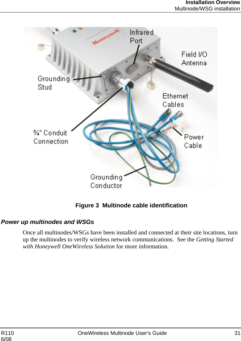 Installation Overview  Multinode/WSG installation R110    OneWireless Multinode User&apos;s Guide  31 6/08    Figure 3  Multinode cable identification Power up multinodes and WSGs  Once all multinodes/WSGs have been installed and connected at their site locations, turn up the multinodes to verify wireless network communications.  See the Getting Started with Honeywell OneWireless Solution for more information.    