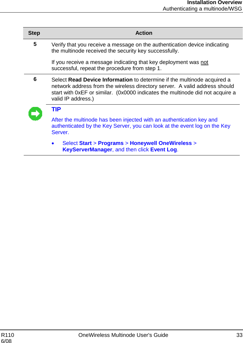 Installation Overview  Authenticating a multinode/WSG R110    OneWireless Multinode User&apos;s Guide  33 6/08  Step  Action 5  Verify that you receive a message on the authentication device indicating the multinode received the security key successfully.   If you receive a message indicating that key deployment was not successful, repeat the procedure from step 1. 6  Select Read Device Information to determine if the multinode acquired a network address from the wireless directory server.  A valid address should start with 0xEF or similar.  (0x0000 indicates the multinode did not acquire a valid IP address.)   TIP After the multinode has been injected with an authentication key and authenticated by the Key Server, you can look at the event log on the Key Server. • Select Start &gt; Programs &gt; Honeywell OneWireless &gt; KeyServerManager, and then click Event Log.  