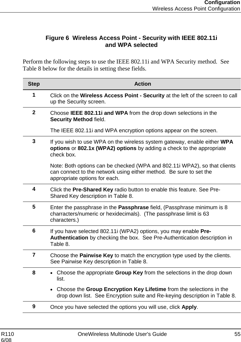 Configuration  Wireless Access Point Configuration R110    OneWireless Multinode User&apos;s Guide  55 6/08   Figure 6  Wireless Access Point - Security with IEEE 802.11i  and WPA selected  Perform the following steps to use the IEEE 802.11i and WPA Security method.  See Table 8 below for the details in setting these fields.  Step  Action 1  Click on the Wireless Access Point - Security at the left of the screen to call up the Security screen. 2  Choose IEEE 802.11i and WPA from the drop down selections in the Security Method field. The IEEE 802.11i and WPA encryption options appear on the screen. 3  If you wish to use WPA on the wireless system gateway, enable either WPA options or 802.1x (WPA2) options by adding a check to the appropriate check box. Note: Both options can be checked (WPA and 802.11i WPA2), so that clients can connect to the network using either method.  Be sure to set the appropriate options for each.   4  Click the Pre-Shared Key radio button to enable this feature. See Pre-Shared Key description in Table 8. 5  Enter the passphrase in the Passphrase field, (Passphrase minimum is 8 charracters/numeric or hexidecimals).  (The passphrase limit is 63 characters.) 6  If you have selected 802.11i (WPA2) options, you may enable Pre-Authentication by checking the box.  See Pre-Authentication description in Table 8. 7  Choose the Pairwise Key to match the encryption type used by the clients.  See Pairwise Key description in Table 8.  8  • Choose the appropriate Group Key from the selections in the drop down list.    • Choose the Group Encryption Key Lifetime from the selections in the drop down list.  See Encryption suite and Re-keying description in Table 8. 9  Once you have selected the options you will use, click Apply.  