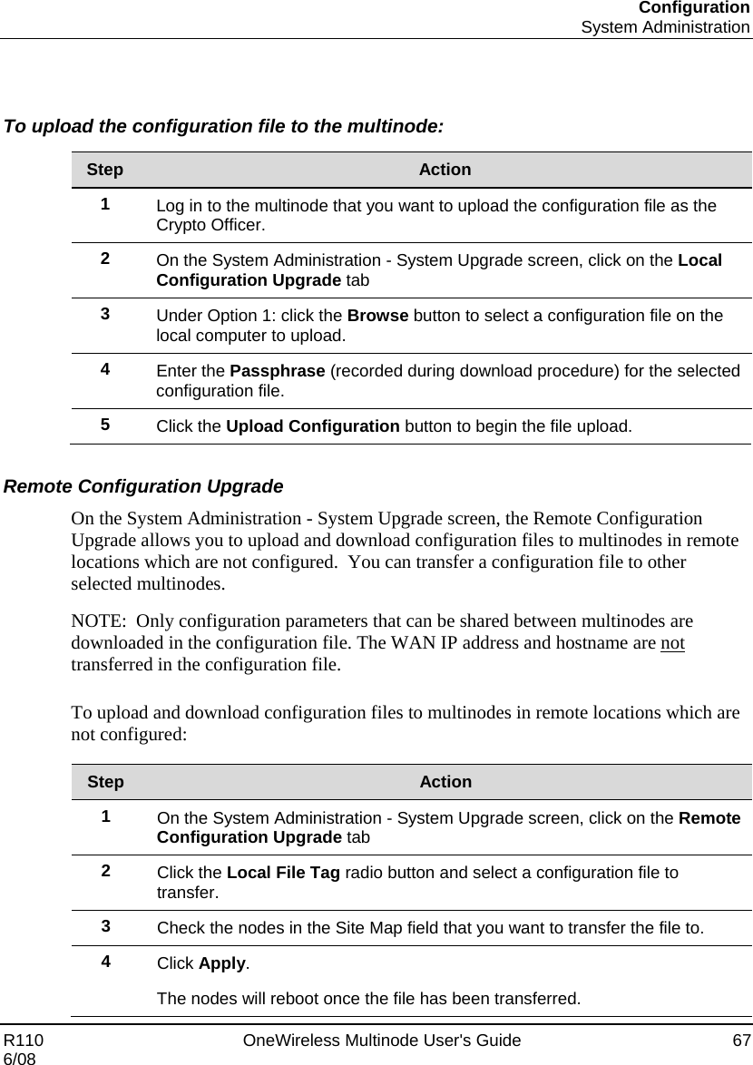 Configuration  System Administration R110    OneWireless Multinode User&apos;s Guide  67 6/08   To upload the configuration file to the multinode:  Step  Action 1  Log in to the multinode that you want to upload the configuration file as the Crypto Officer. 2  On the System Administration - System Upgrade screen, click on the Local Configuration Upgrade tab  3  Under Option 1: click the Browse button to select a configuration file on the local computer to upload.   4  Enter the Passphrase (recorded during download procedure) for the selected configuration file. 5  Click the Upload Configuration button to begin the file upload.  Remote Configuration Upgrade On the System Administration - System Upgrade screen, the Remote Configuration Upgrade allows you to upload and download configuration files to multinodes in remote locations which are not configured.  You can transfer a configuration file to other selected multinodes.  NOTE:  Only configuration parameters that can be shared between multinodes are downloaded in the configuration file. The WAN IP address and hostname are not transferred in the configuration file.  To upload and download configuration files to multinodes in remote locations which are not configured:  Step  Action 1  On the System Administration - System Upgrade screen, click on the Remote Configuration Upgrade tab 2  Click the Local File Tag radio button and select a configuration file to transfer.   3  Check the nodes in the Site Map field that you want to transfer the file to. 4  Click Apply. The nodes will reboot once the file has been transferred. 