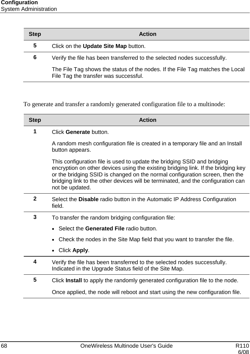 Configuration System Administration 68    OneWireless Multinode User&apos;s Guide   R110   6/08 Step  Action 5  Click on the Update Site Map button. 6  Verify the file has been transferred to the selected nodes successfully.  The File Tag shows the status of the nodes. If the File Tag matches the Local File Tag the transfer was successful.   To generate and transfer a randomly generated configuration file to a multinode:  Step  Action 1  Click Generate button. A random mesh configuration file is created in a temporary file and an Install button appears. This configuration file is used to update the bridging SSID and bridging encryption on other devices using the existing bridging link. If the bridging key or the bridging SSID is changed on the normal configuration screen, then the bridging link to the other devices will be terminated, and the configuration can not be updated. 2  Select the Disable radio button in the Automatic IP Address Configuration field. 3  To transfer the random bridging configuration file: • Select the Generated File radio button. • Check the nodes in the Site Map field that you want to transfer the file.  • Click Apply. 4  Verify the file has been transferred to the selected nodes successfully. Indicated in the Upgrade Status field of the Site Map.  5  Click Install to apply the randomly generated configuration file to the node. Once applied, the node will reboot and start using the new configuration file.  