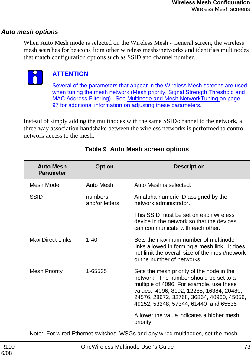 Wireless Mesh Configuration  Wireless Mesh screens R110    OneWireless Multinode User&apos;s Guide  73 6/08  Auto mesh options When Auto Mesh mode is selected on the Wireless Mesh - General screen, the wireless mesh searches for beacons from other wireless meshs/networks and identifies multinodes that match configuration options such as SSID and channel number.   ATTENTION Several of the parameters that appear in the Wireless Mesh screens are used when tuning the mesh network (Mesh priority, Signal Strength Threshold and MAC Address Filtering).  See Multinode and Mesh NetworkTuning on page 97 for additional information on adjusting these parameters.  Instead of simply adding the multinodes with the same SSID/channel to the network, a three-way association handshake between the wireless networks is performed to control network access to the mesh.  Table 9  Auto Mesh screen options  Auto Mesh Parameter  Option  Description Mesh Mode  Auto Mesh  Auto Mesh is selected. SSID  numbers and/or letters  An alpha-numeric ID assigned by the network administrator.  This SSID must be set on each wireless device in the network so that the devices can communicate with each other. Max Direct Links  1-40  Sets the maximum number of multinode links allowed in forming a mesh link.  It does not limit the overall size of the mesh/network or the number of networks. Mesh Priority  1-65535  Sets the mesh priority of the node in the network.  The number should be set to a multiple of 4096. For example, use these values:  4096, 8192, 12288, 16384, 20480, 24576, 28672, 32768, 36864, 40960, 45056, 49152, 53248, 57344, 61440  and 65535 A lower the value indicates a higher mesh priority. Note:  For wired Ethernet switches, WSGs and any wired multinodes, set the mesh 