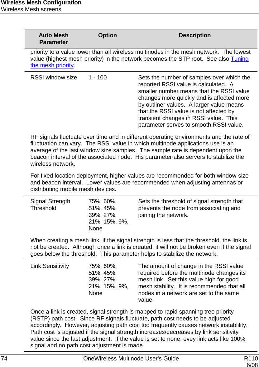 Wireless Mesh Configuration Wireless Mesh screens 74    OneWireless Multinode User&apos;s Guide   R110   6/08 Auto Mesh Parameter  Option  Description priority to a value lower than all wireless multinodes in the mesh network.  The lowest value (highest mesh priority) in the network becomes the STP root.  See also Tuning the mesh priority. RSSI window size  1 - 100  Sets the number of samples over which the reported RSSI value is calculated.  A smaller number means that the RSSI value changes more quickly and is affected more by outliner values.  A larger value means that the RSSI value is not affected by transient changes in RSSI value.  This parameter serves to smooth RSSI value.   RF signals fluctuate over time and in different operating environments and the rate of fluctuation can vary.  The RSSI value in which multinode applications use is an average of the last window size samples.  The sample rate is dependent upon the beacon interval of the associated node.  His parameter also servers to stabilize the wireless network.   For fixed location deployment, higher values are recommended for both window-size and beacon interval.  Lower values are recommended when adjusting antennas or distributing mobile mesh devices.   Signal Strength Threshold  75%, 60%, 51%, 45%, 39%, 27%, 21%, 15%, 9%, None Sets the threshold of signal strength that prevents the node from associating and joining the network.    When creating a mesh link, if the signal strength is less that the threshold, the link is not be created.  Although once a link is created, it will not be broken even if the signal goes below the threshold.  This parameter helps to stabilize the network.  Link Sensitivity  75%, 60%, 51%, 45%, 39%, 27%, 21%, 15%, 9%, None The amount of change in the RSSI value required before the multinode changes its mesh link.  Set this value high for good mesh stability.  It is recommended that all nodes in a network are set to the same value. Once a link is created, signal strength is mapped to rapid spanning tree priority (RSTP) path cost.  Since RF signals fluctuate, path cost needs to be adjusted accordingly.  However, adjusting path cost too frequently causes network instablility.  Path cost is adjusted if the signal strength increases/decreases by link sensitivity value since the last adjustment.  If the value is set to none, evey link acts like 100% signal and no path cost adjustment is made.  
