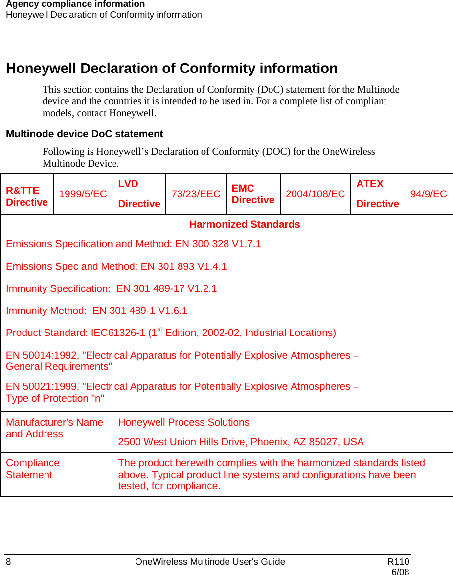 Agency compliance information Honeywell Declaration of Conformity information 8    OneWireless Multinode User&apos;s Guide   R110   6/08  Honeywell Declaration of Conformity information This section contains the Declaration of Conformity (DoC) statement for the Multinode device and the countries it is intended to be used in. For a complete list of compliant models, contact Honeywell. Multinode device DoC statement Following is Honeywell’s Declaration of Conformity (DOC) for the OneWireless Multinode Device.   R&amp;TTE Directive  1999/5/EC  LVD  Directive 73/23/EEC EMC Directive 2004/108/EC  ATEX  Directive 94/9/ECHarmonized Standards Emissions Specification and Method: EN 300 328 V1.7.1  Emissions Spec and Method: EN 301 893 V1.4.1  Immunity Specification:  EN 301 489-17 V1.2.1 Immunity Method:  EN 301 489-1 V1.6.1  Product Standard: IEC61326-1 (1st Edition, 2002-02, Industrial Locations)  EN 50014:1992, &quot;Electrical Apparatus for Potentially Explosive Atmospheres –  General Requirements&quot; EN 50021:1999, &quot;Electrical Apparatus for Potentially Explosive Atmospheres –  Type of Protection &quot;n&quot;  Manufacturer’s Name and Address  Honeywell Process Solutions  2500 West Union Hills Drive, Phoenix, AZ 85027, USA Compliance Statement  The product herewith complies with the harmonized standards listed above. Typical product line systems and configurations have been tested, for compliance.   